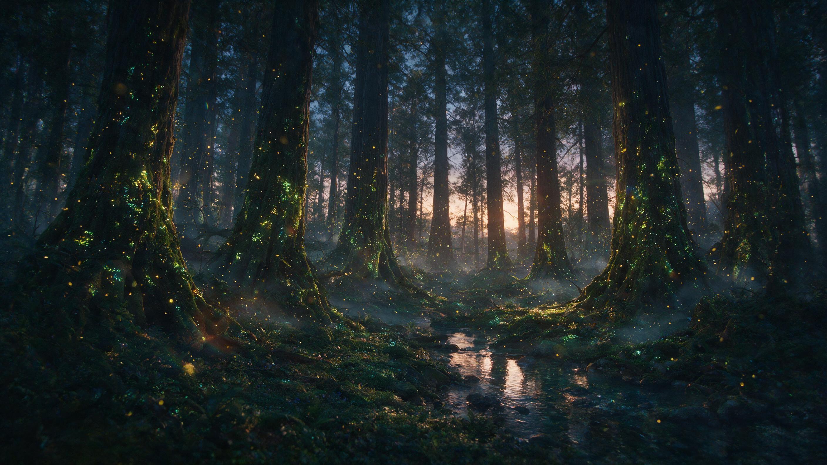 A luminous forest at twilight, towering ancient trees with bioluminescent moss and floating golden spores, a crystal-clear stream reflecting the fading light, soft mist weaving between roots, subtle lens flare, moody atmospheric lighting, cinematic composition, depth of field, forest floor carpeted 
