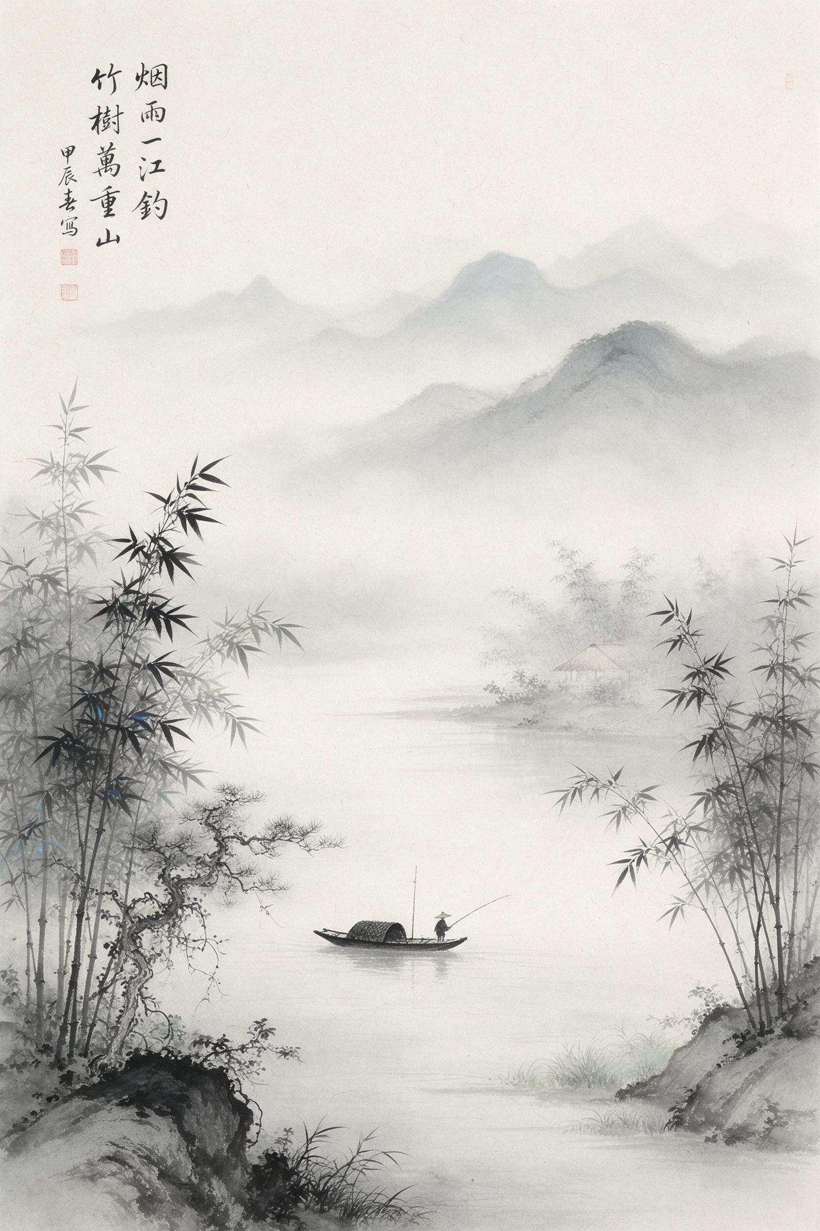 Ink wash painting of a lone fisherman on a mist-covered river, bamboo groves along the banks, distant hills fading into fog, subtle calligraphy accents in the corner, soft gray tones with a hint of pale green, negative space conveying vastness, handmade rice paper texture.