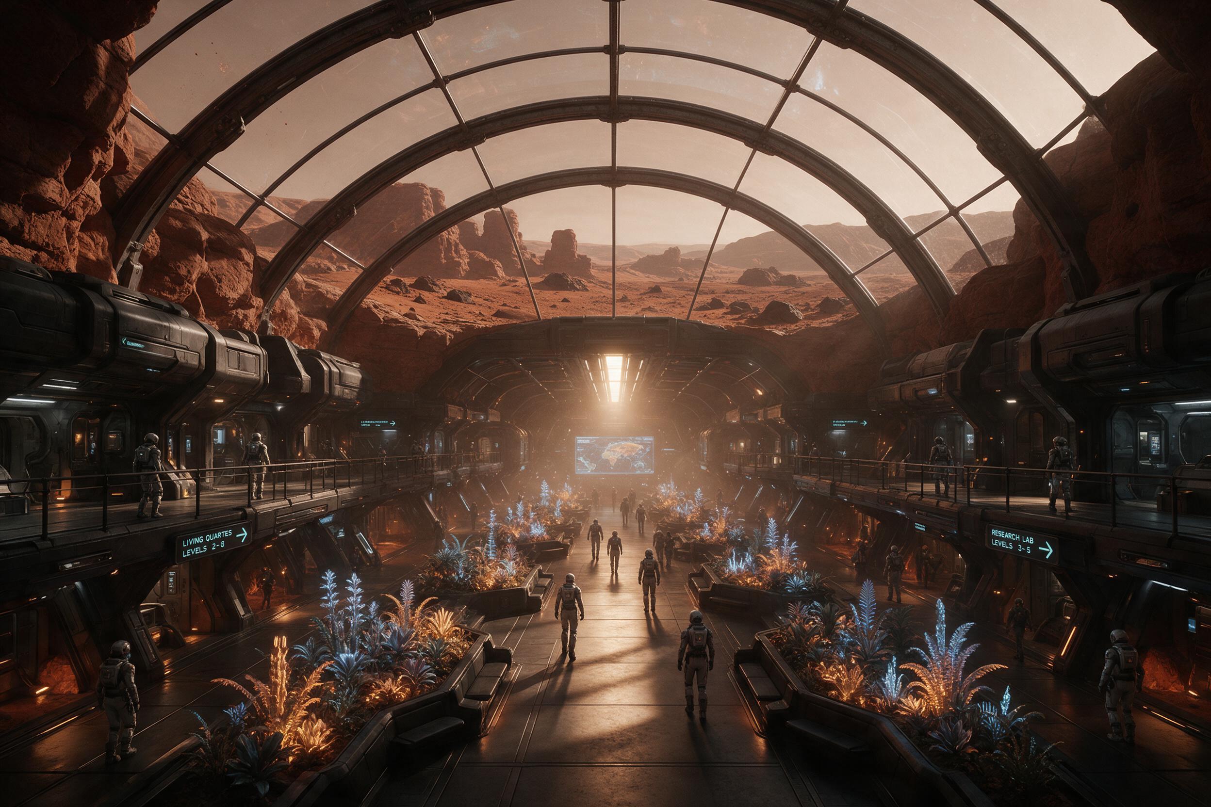 A vast underground colony beneath a glass dome on Mars, with bioluminescent plants lining the corridors, settlers in sleek suits, warm artificial light casting long shadows, dust particles floating in the air, wide-angle composition showing the dome's curve and red rock outside.