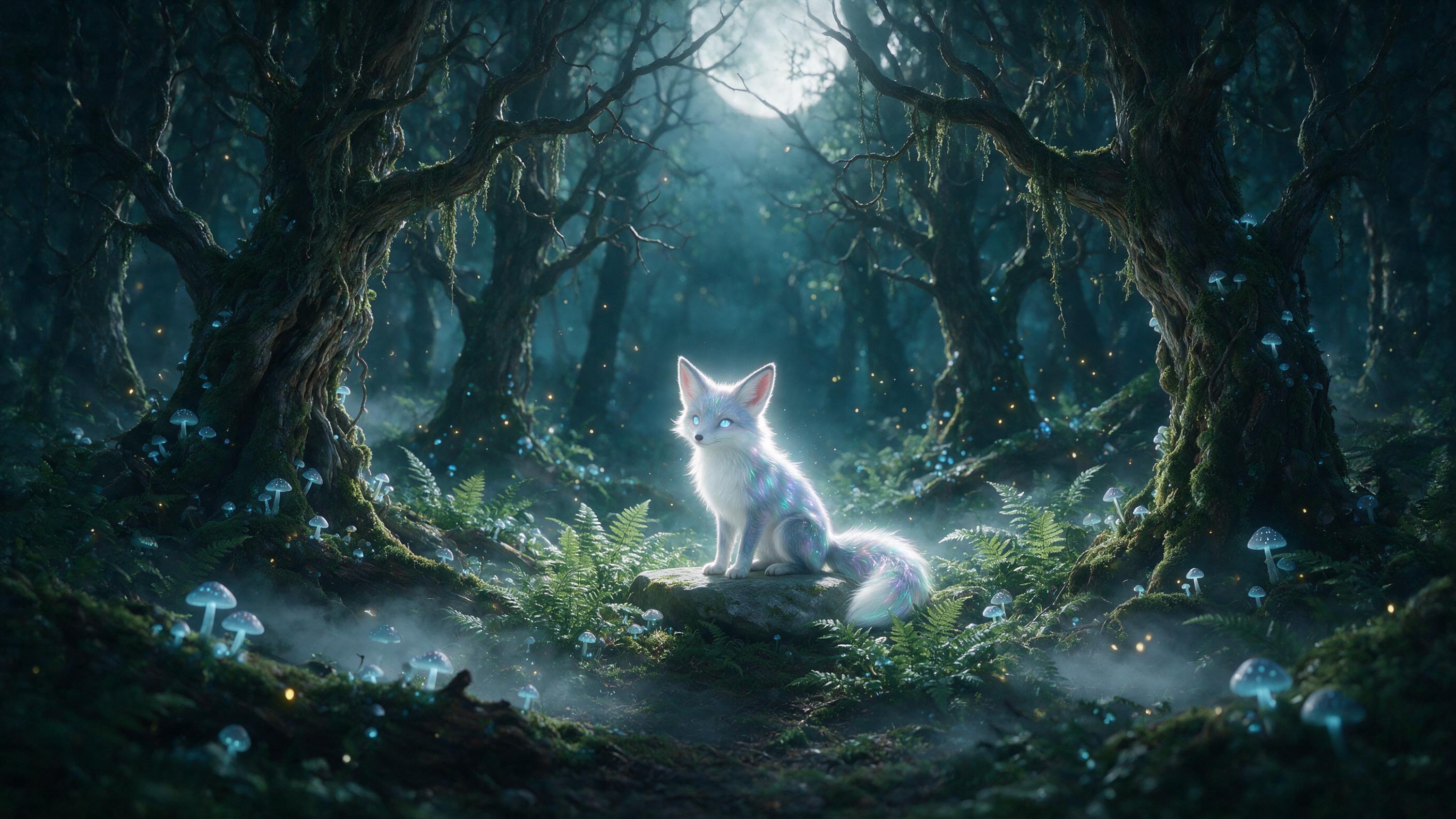 A moonlit enchanted forest clearing, ancient twisted trees with glowing blue mushrooms, a small ethereal fox with iridescent fur sits on mossy stone, soft mist curling between ferns, fireflies like tiny lanterns, deep teal and silver palette, gentle backlight from a hidden full moon, cinematic compo