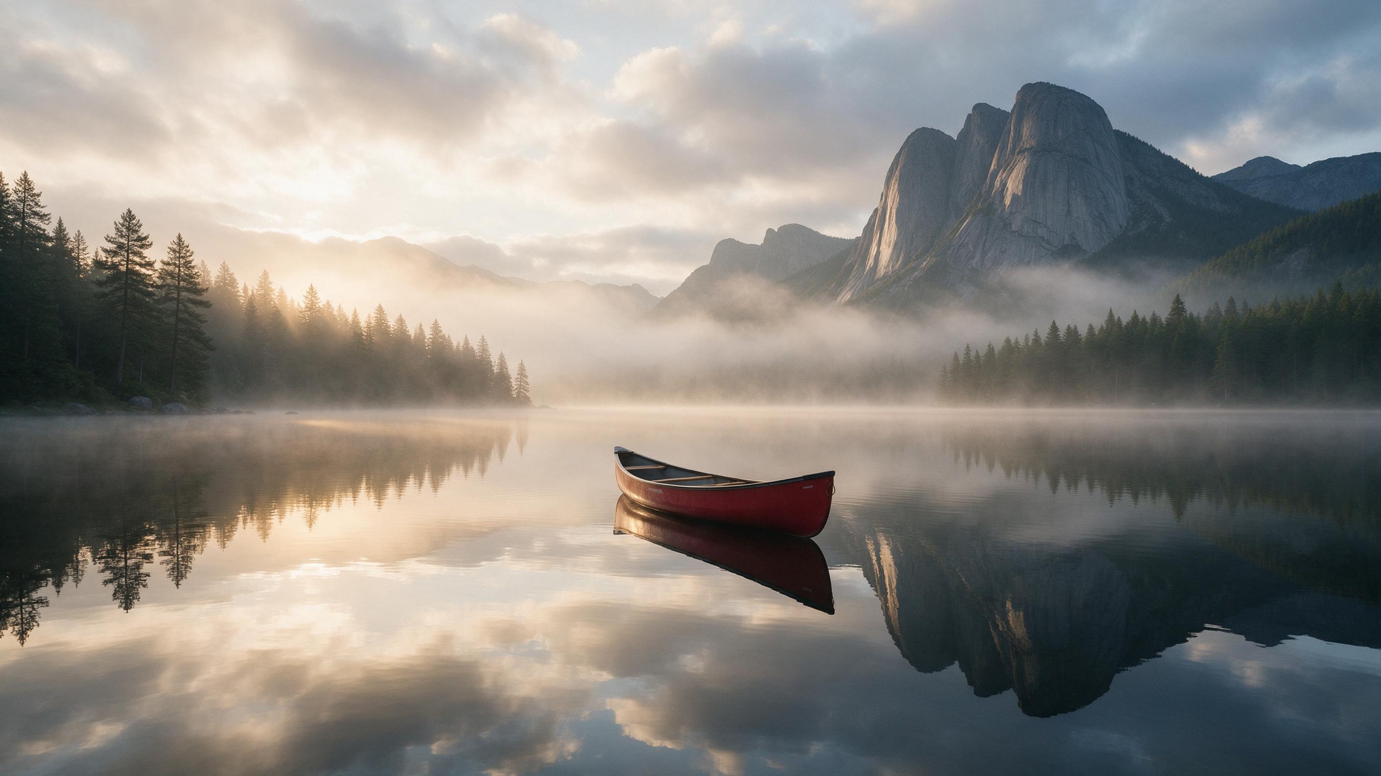 A lone red canoe glides across a mirror-calm lake at dawn, surrounded by misty pine forests and towering granite peaks. Soft golden light filters through low clouds, casting a warm glow on the water. Composition balanced with the canoe slightly off-center, leading the eye toward the distant mountain