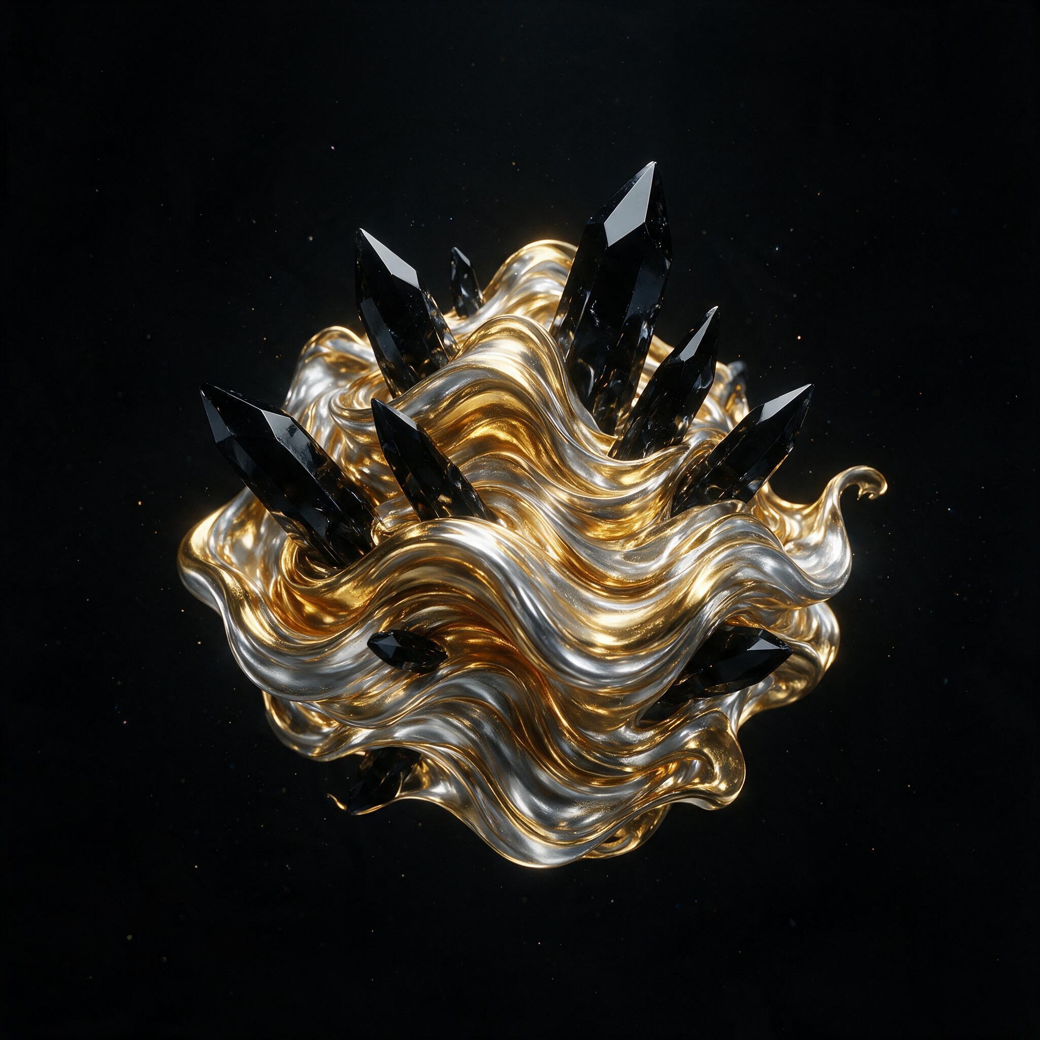 A fluid sculpture of molten gold and silver swirling in a dark void, with sharp geometric shards of obsidian piercing through the flowing metal, illuminated by a single soft directional light from above, creating dramatic shadows and reflections, minimalist composition.