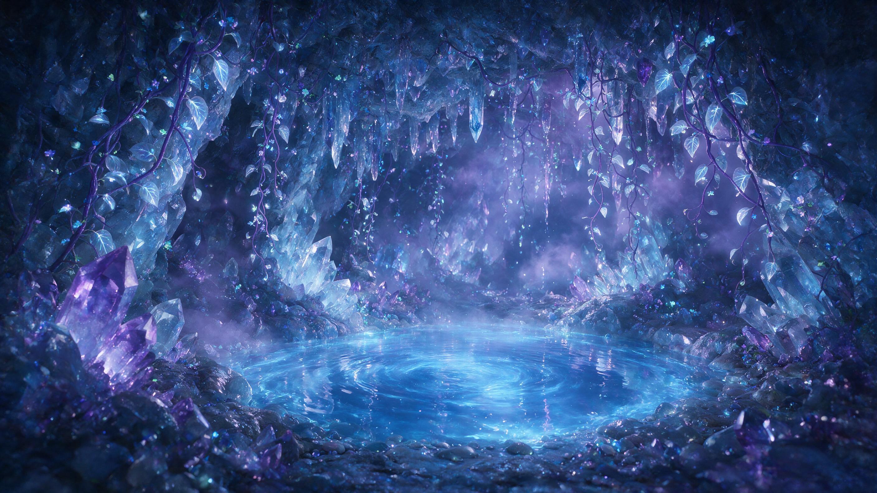 A glowing crystal cave deep underground, bioluminescent vines hanging from jagged quartz walls, a swirling pool of liquid light reflects the cavern ceiling, soft blue and purple hues, mist drifting through the air, wide-angle composition, natural lighting from the crystals