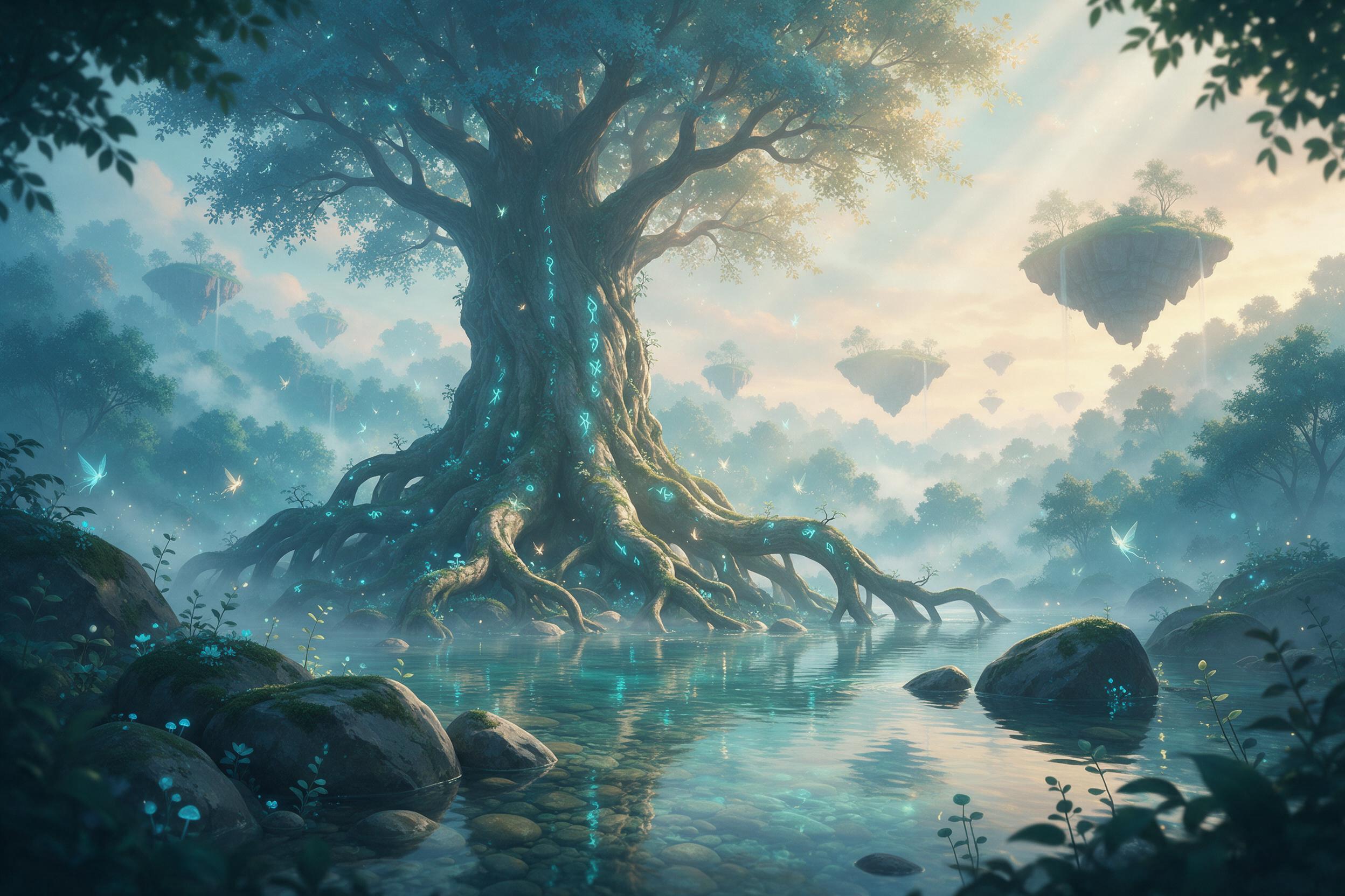 A misty valley at dawn, a colossal ancient tree with glowing blue runes, its roots weaving into a crystal-clear river, ethereal light beams piercing through fog, small luminous sprites fluttering around, distant floating islands, soft water reflections, gentle color palette of teal and gold, hinted 
