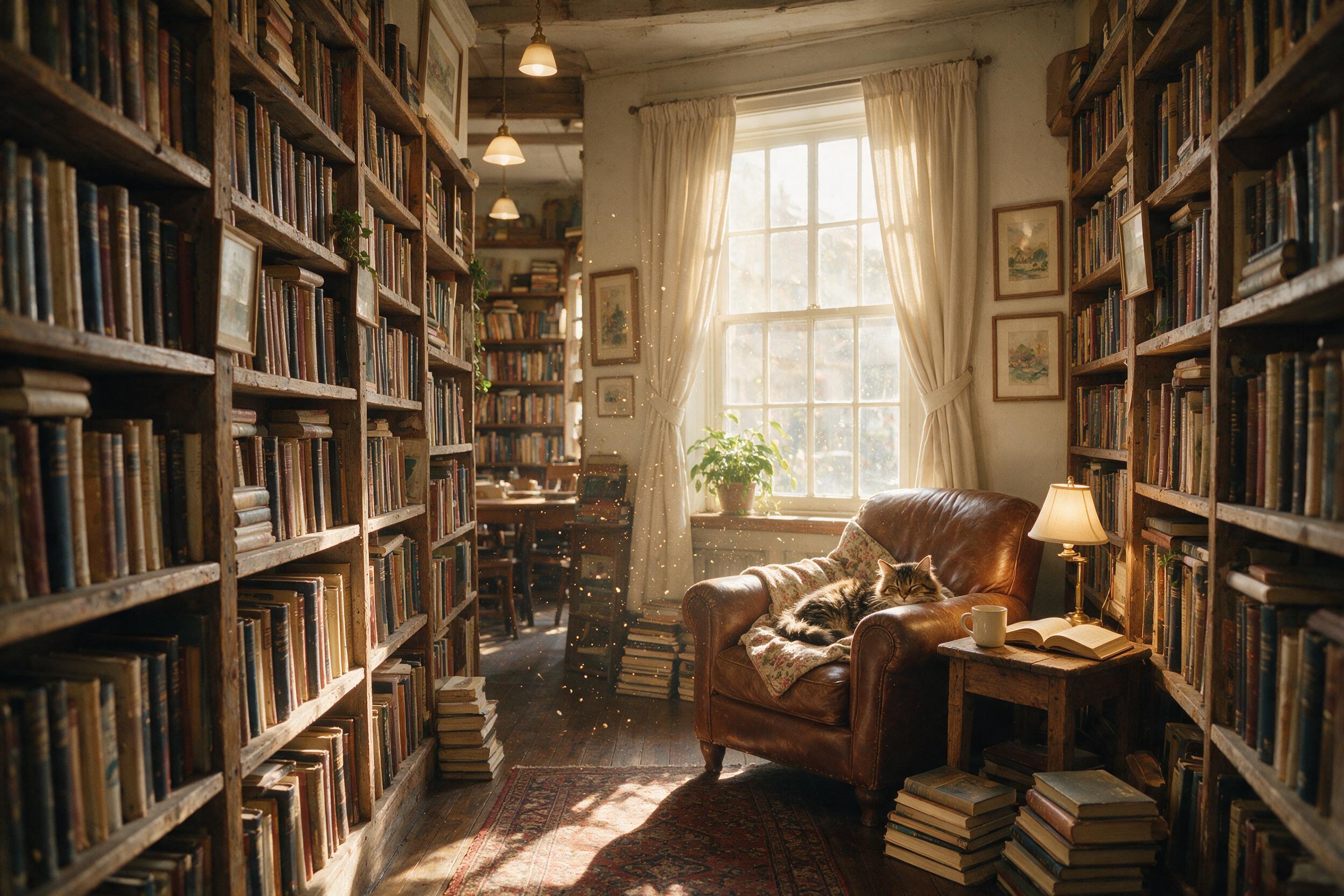 A cozy, sunlit vintage bookstore interior with tall wooden shelves packed with old books, warm dust motes floating in golden afternoon light streaming through a large window, a cat sleeping on a worn leather chair, slight film grain, natural color palette