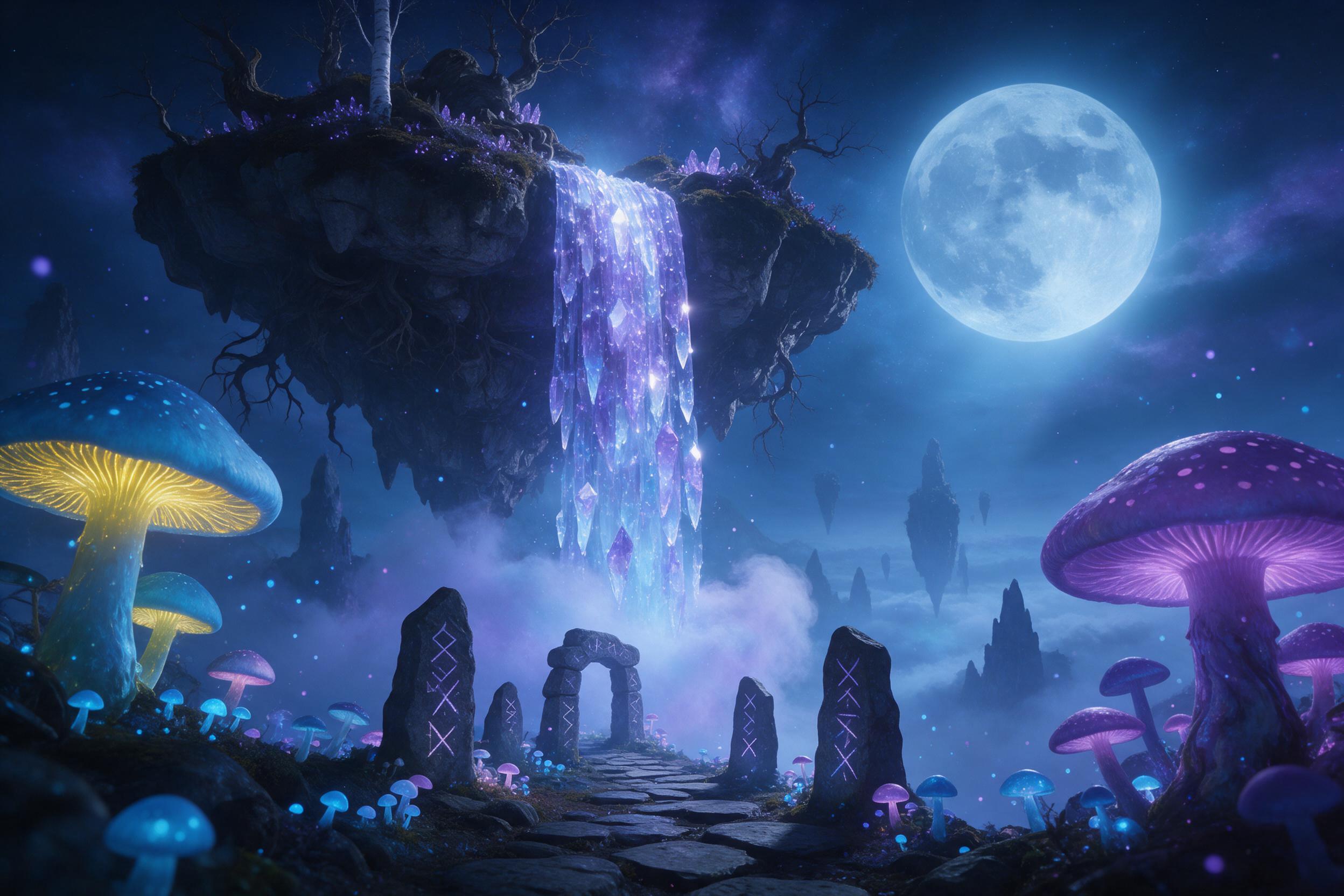 A moonlit floating island with a glowing crystal waterfall cascading into mist, surrounded by giant luminescent mushrooms and ancient runestone arches, ethereal blue and violet tones, soft volumetric light, dreamy atmosphere, cinematic composition