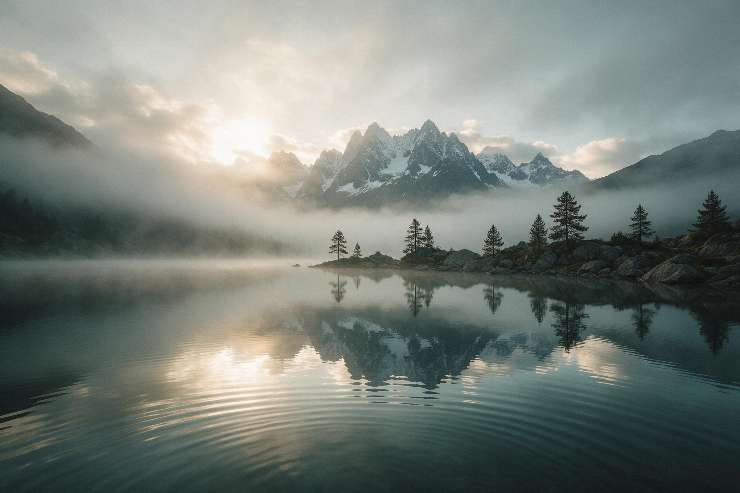 A misty alpine lake at dawn, mirror-calm water reflecting jagged snow-capped peaks, scattered pine trees on rocky shore, soft golden sunlight breaking through low clouds, gentle ripples, muted teal and gray tones, slight grain, natural wide-angle composition