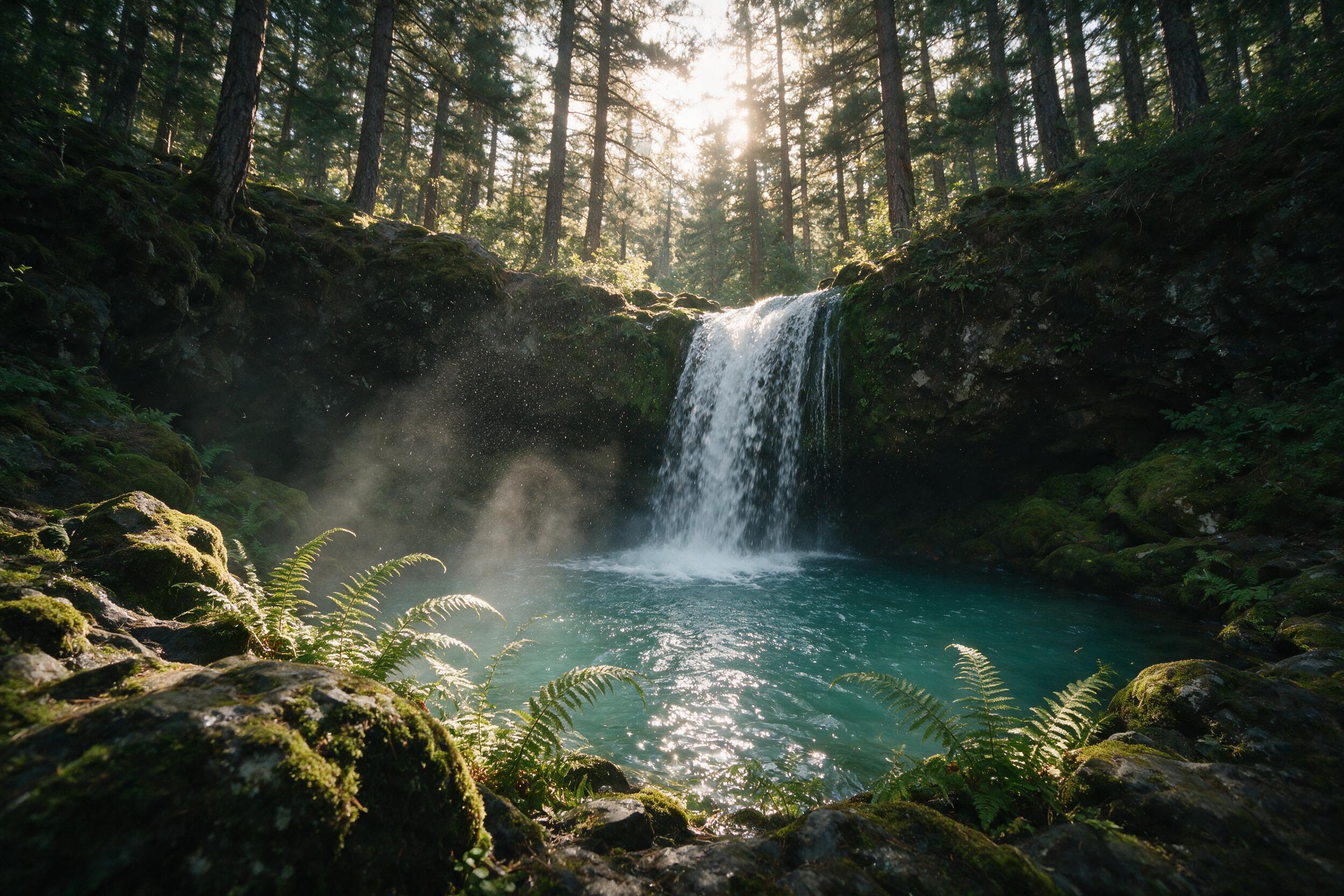 A hidden waterfall cascades into a turquoise pool surrounded by moss-covered rocks, ferns bending in misty breeze; late afternoon sun breaks through tall pine canopy, creating dappled light and visible spray; wide-angle composition, foreground sharp with slight motion blur on falling water, natural 