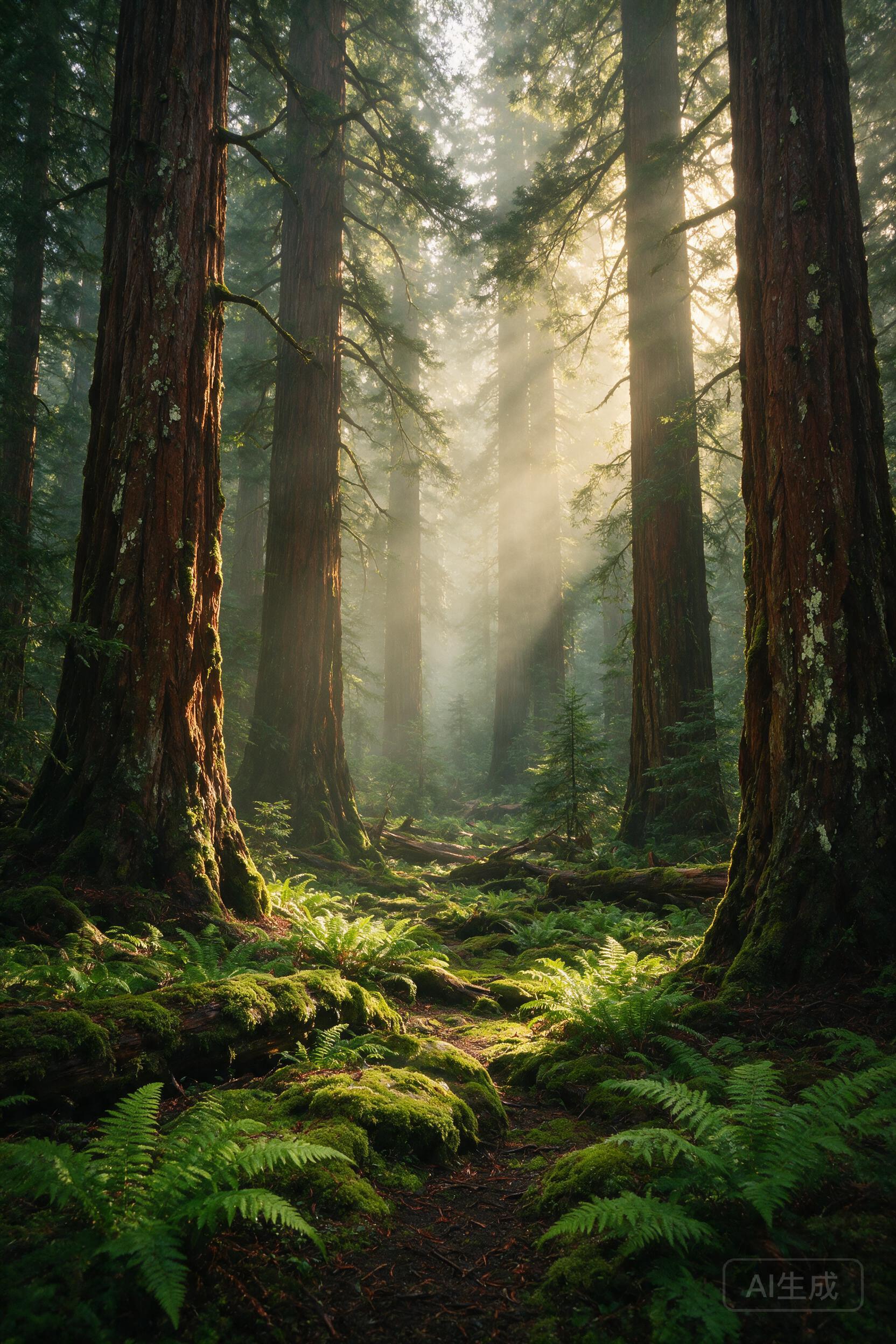 Misty ancient forest with towering redwoods, rays of light breaking through the canopy, ferns and moss covering the ground