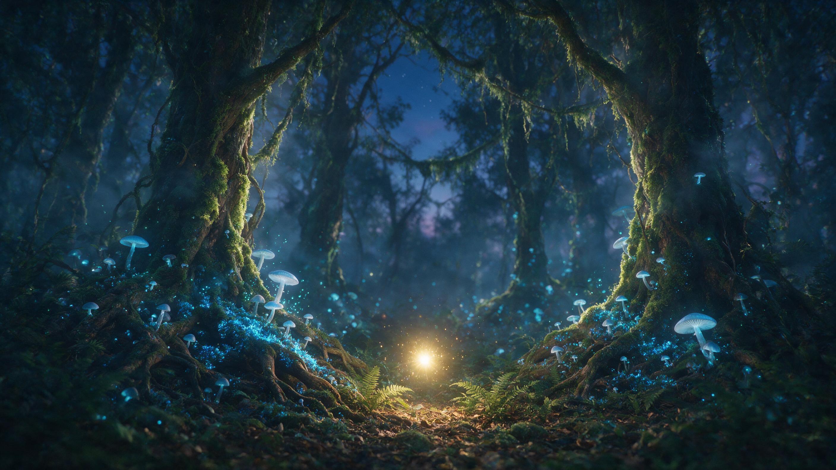 An ethereal forest at twilight, bioluminescent mushrooms and glowing blue moss covering ancient tree roots, soft mist weaving through gnarled branches, a single golden light orb floating mid-air, cinematic side lighting, shallow depth of field, slight grain, natural haze