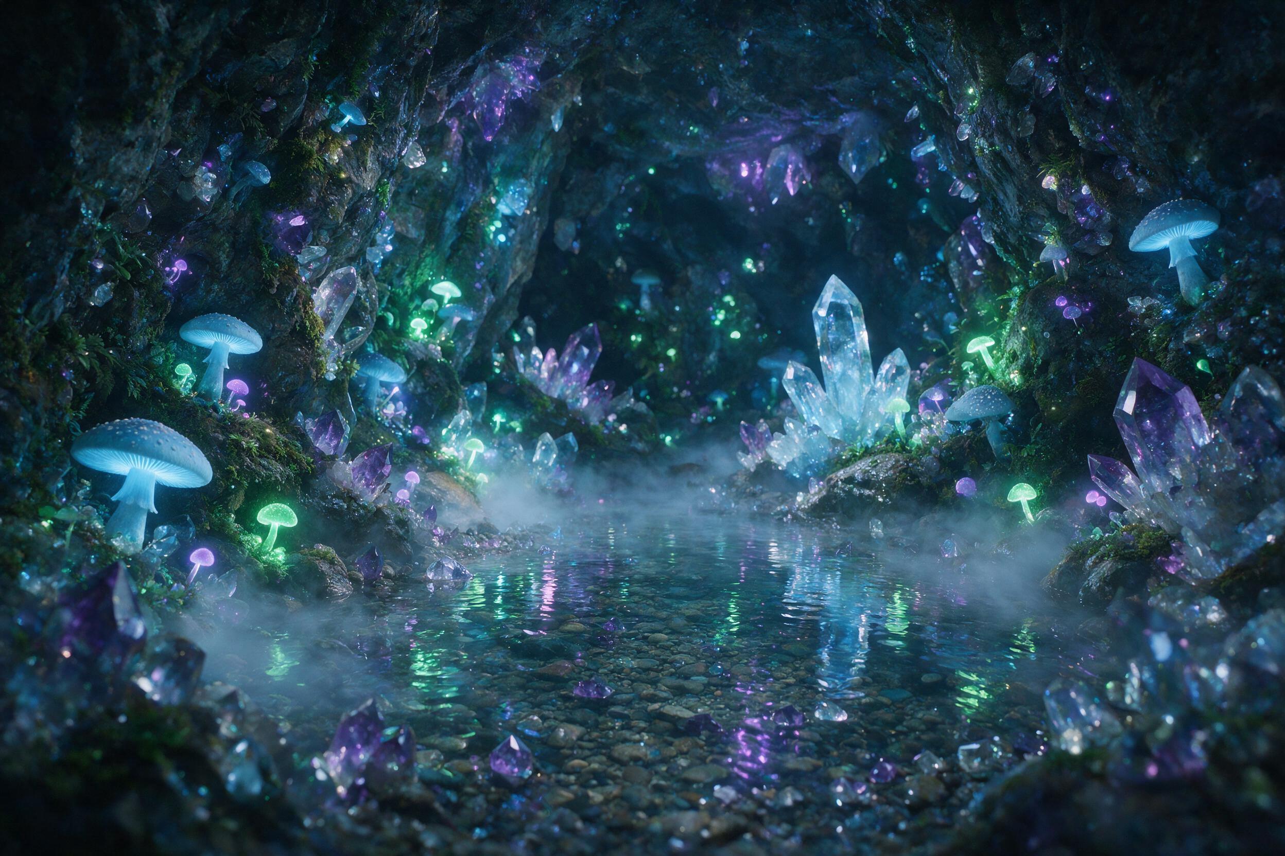 A luminous crystal cave, glowing bioluminescent fungi on damp stone walls, a shallow pool reflecting soft blue and purple light, mist swirling, slight camera shake, natural grain, ethereal atmosphere
