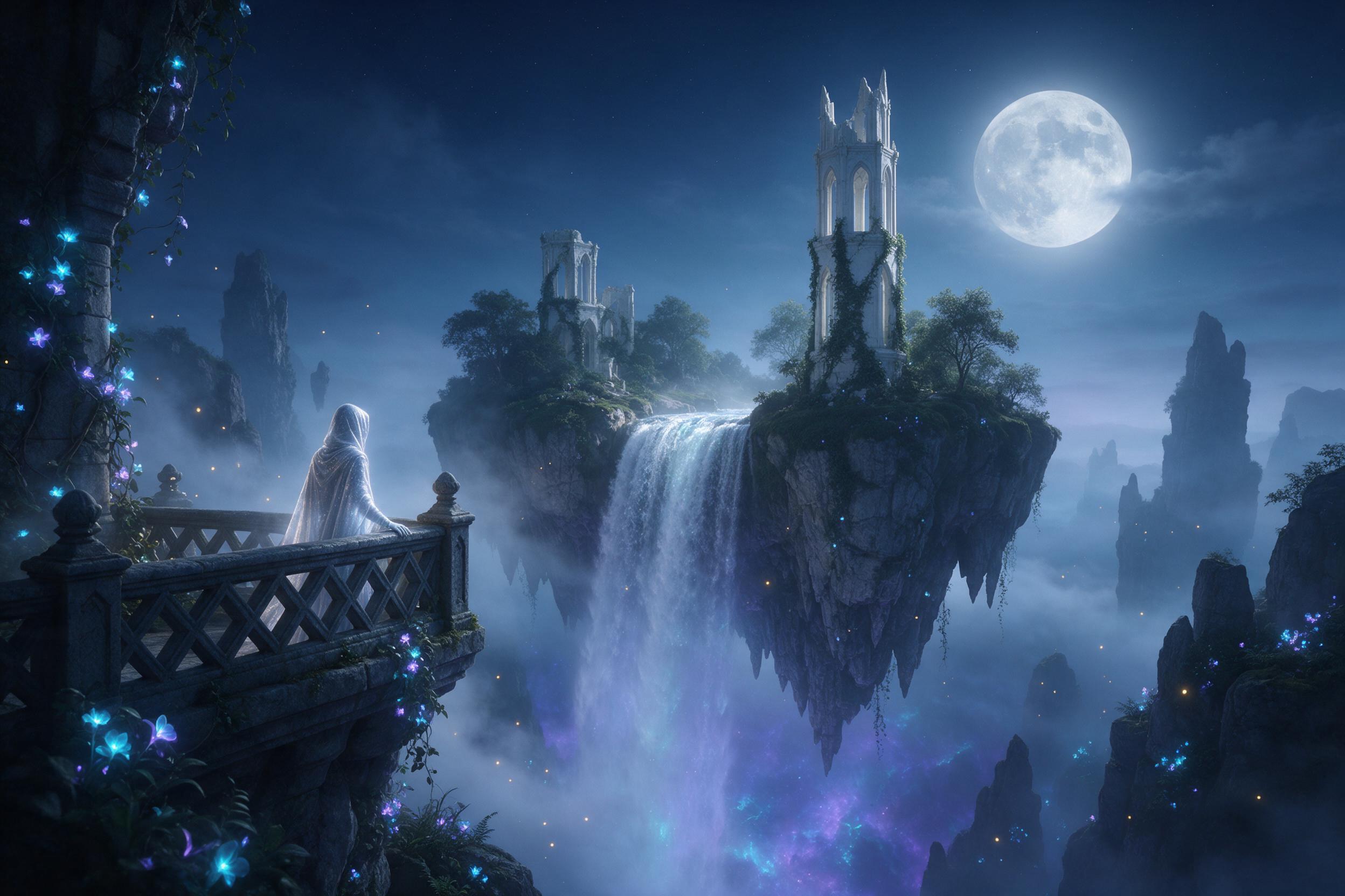 A moonlit floating island with a waterfall cascading into a glowing abyss below, ancient crystal towers wrapped in ivy on the island, soft mist drifting through the air, fireflies and bioluminescent flowers scattered across the cliffs, a lone hooded figure standing on a stone balcony, thin wispy clo
