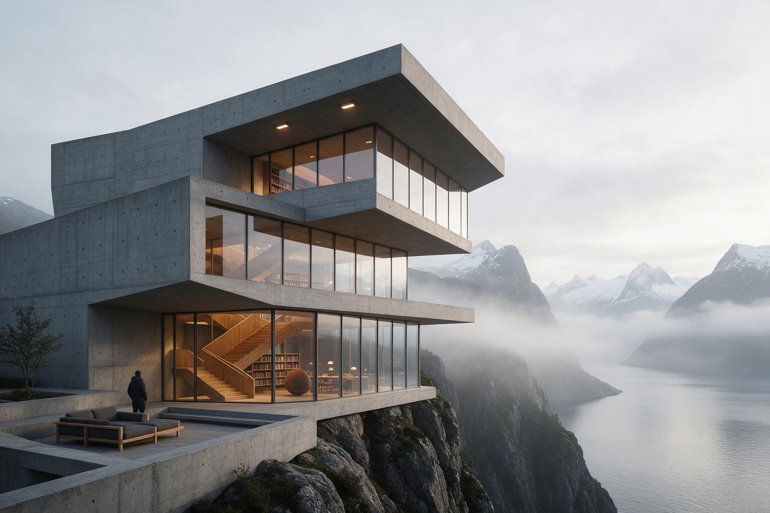 A Brutalist concrete library nestled on a misty Norwegian fjord cliff, angular geometric forms with cascading glass panels reflecting the pale morning light, wooden interior staircases visible through the glass, soft fog and distant snow-capped peaks, minimalist composition with a person on a lower 