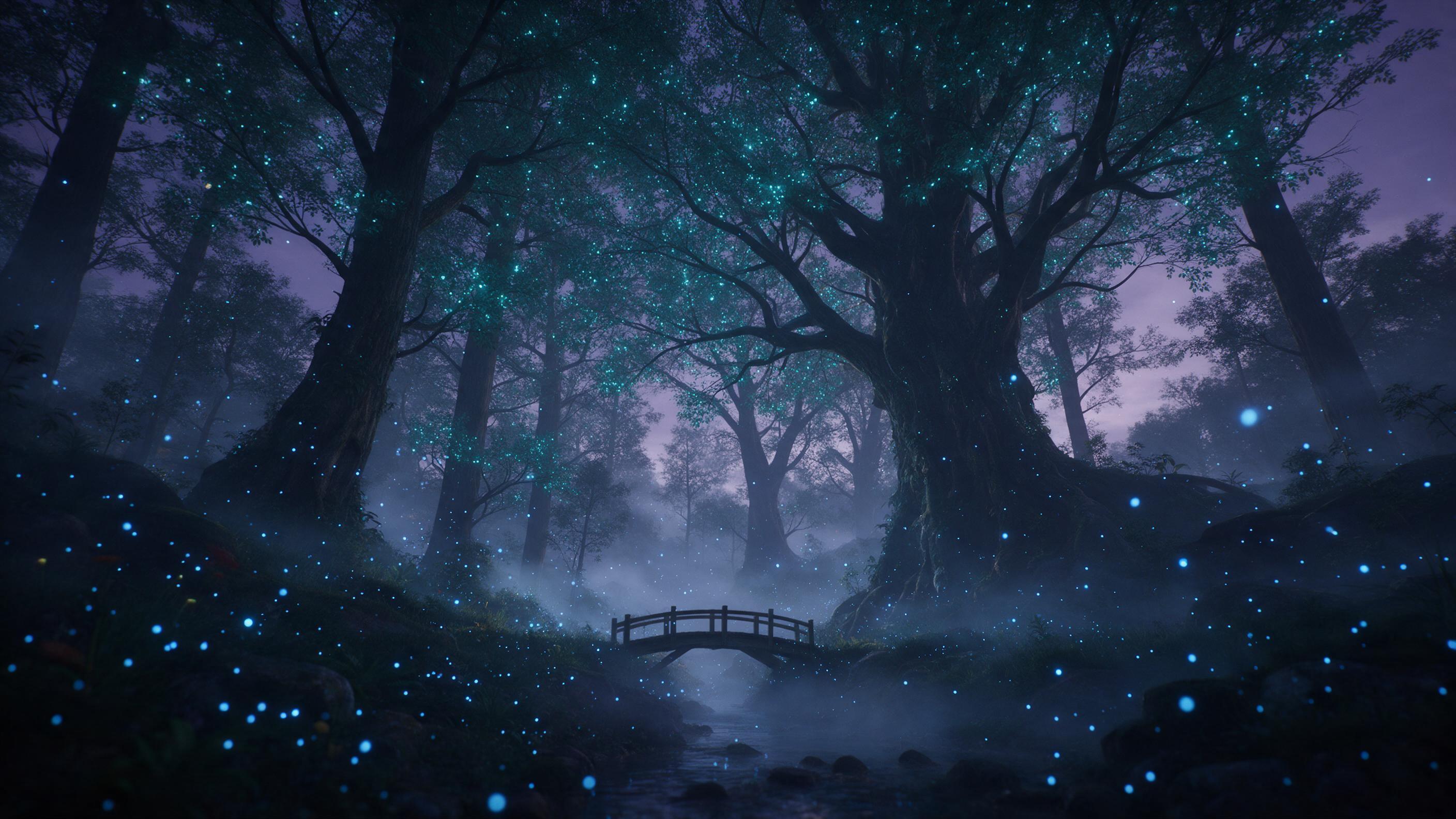 A bioluminescent forest at dusk, towering ancient trees with glowing teal leaves, a small wooden bridge crossing a misty stream, soft blue fireflies dancing in the air, gentle fog rolling through, muted purple sky, dreamy ethereal atmosphere, wide-angle composition.