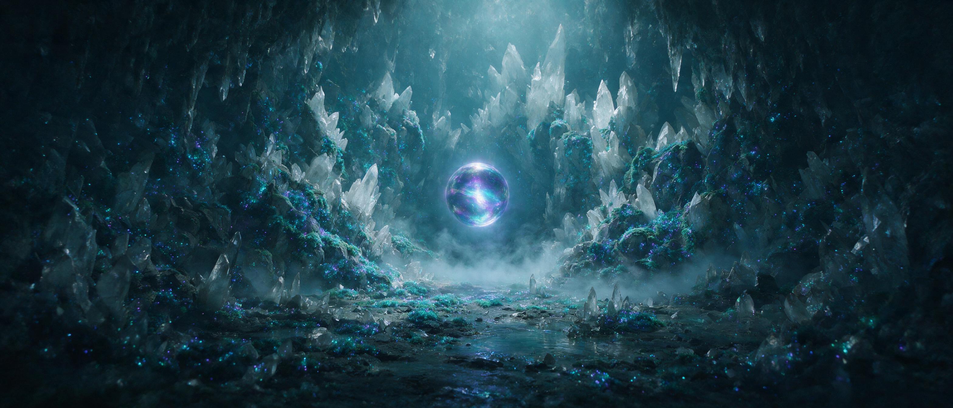 A glowing crystal cave deep underground, bioluminescent blue moss clinging to jagged quartz walls, a faint mist swirls around a single floating ethereal orb, soft light from above, cinematic composition with deep shadows, natural color palette of teal and violet.