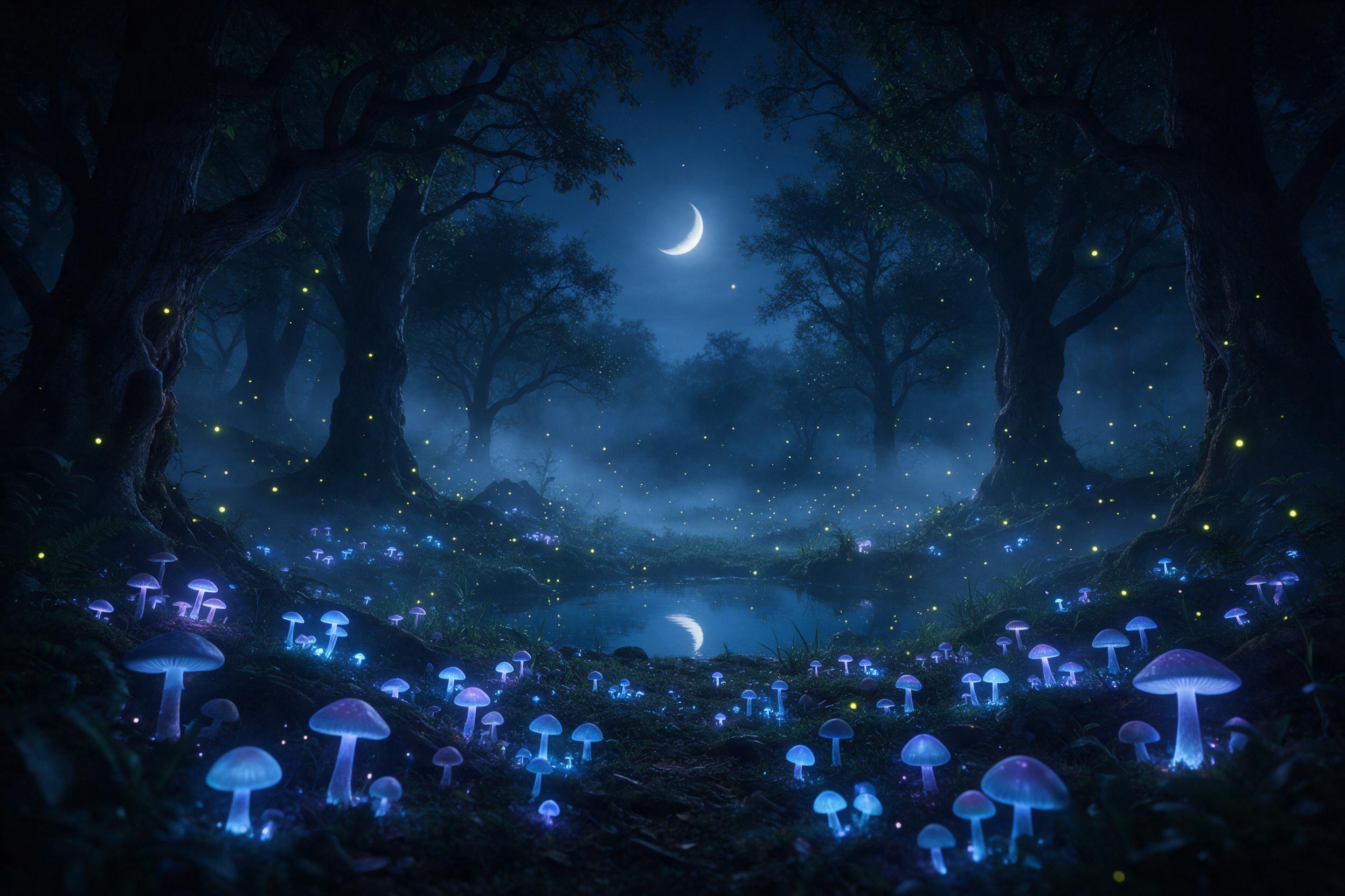 A moonlit forest clearing with bioluminescent mushrooms casting soft blue and violet glow, a gentle mist weaving between ancient gnarled trees, scattered fireflies like living stars, a small crystal-clear pond reflecting the crescent moon, ultra-detailed scene with deep shadows and ethereal atmosphe