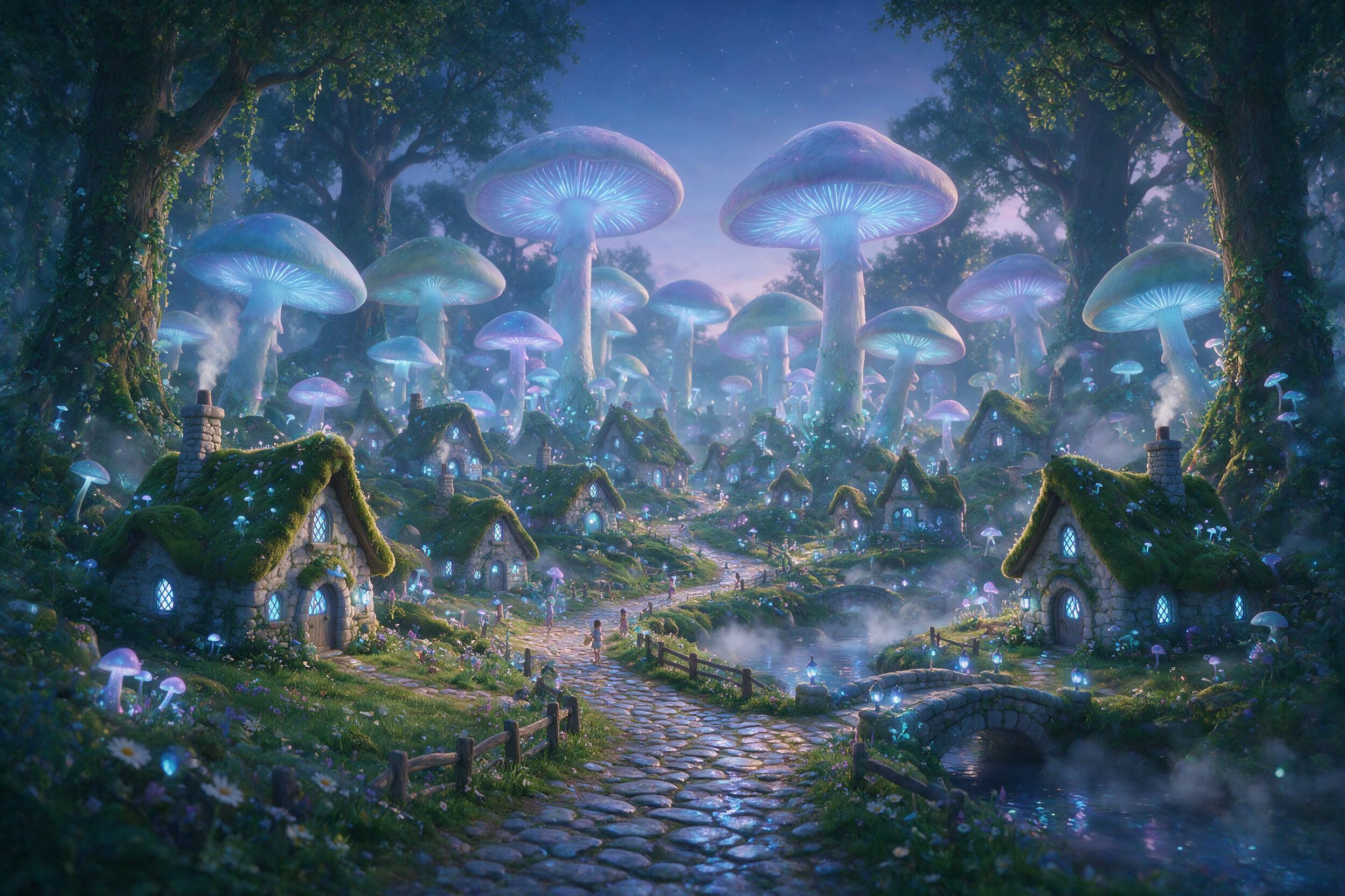 A luminous fairy village nestled within giant glowing mushrooms at twilight, soft bioluminescent blue and purple lights, small stone cottages with mossy roofs, a winding cobblestone path, misty atmosphere, gentle backlighting from the mushrooms, shallow depth of field, dreamy and serene.