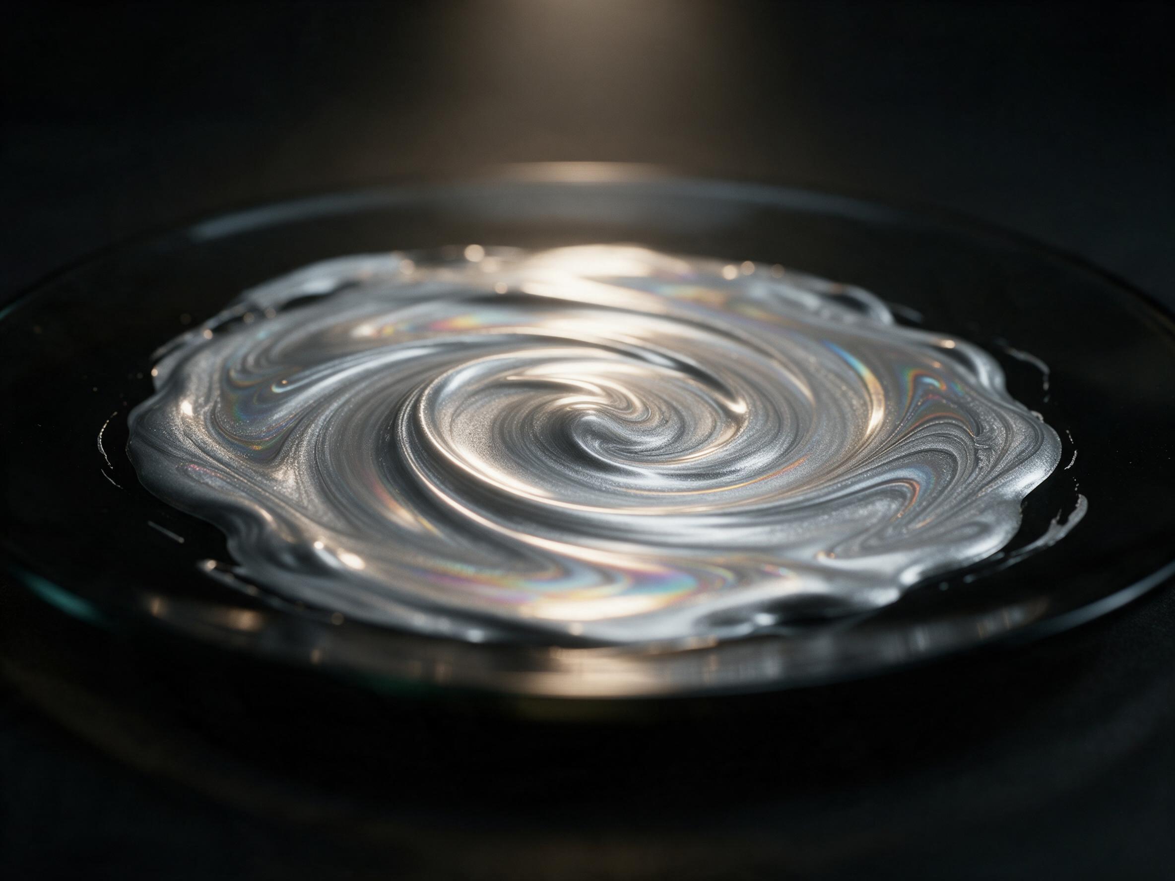 Macro shot of swirling liquid silver paint on a black glass plate, iridescent oil film ripples catch a single warm overhead spotlight, soft reflections, subtle motion blur, deep shadows, dark moody atmosphere, minimal composition, tactile viscosity emphasized