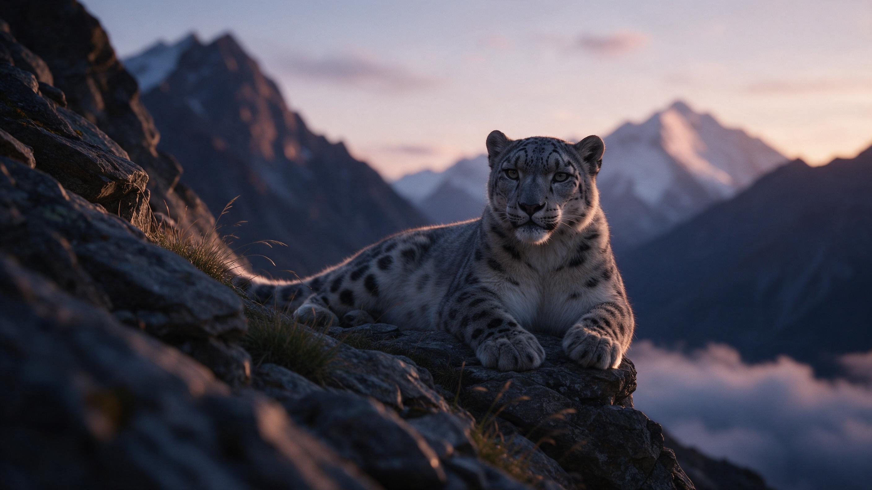 A snow leopard rests on a rocky outcrop at dusk, Himalayan peaks in soft haze behind. Sleek silver-grey fur edged with warm alpenglow, eyes sharp against the fading light. Gentle wind rustles sparse alpine grass, faint cloud shadows drift across the valley. Natural framing with rock ledges leading t