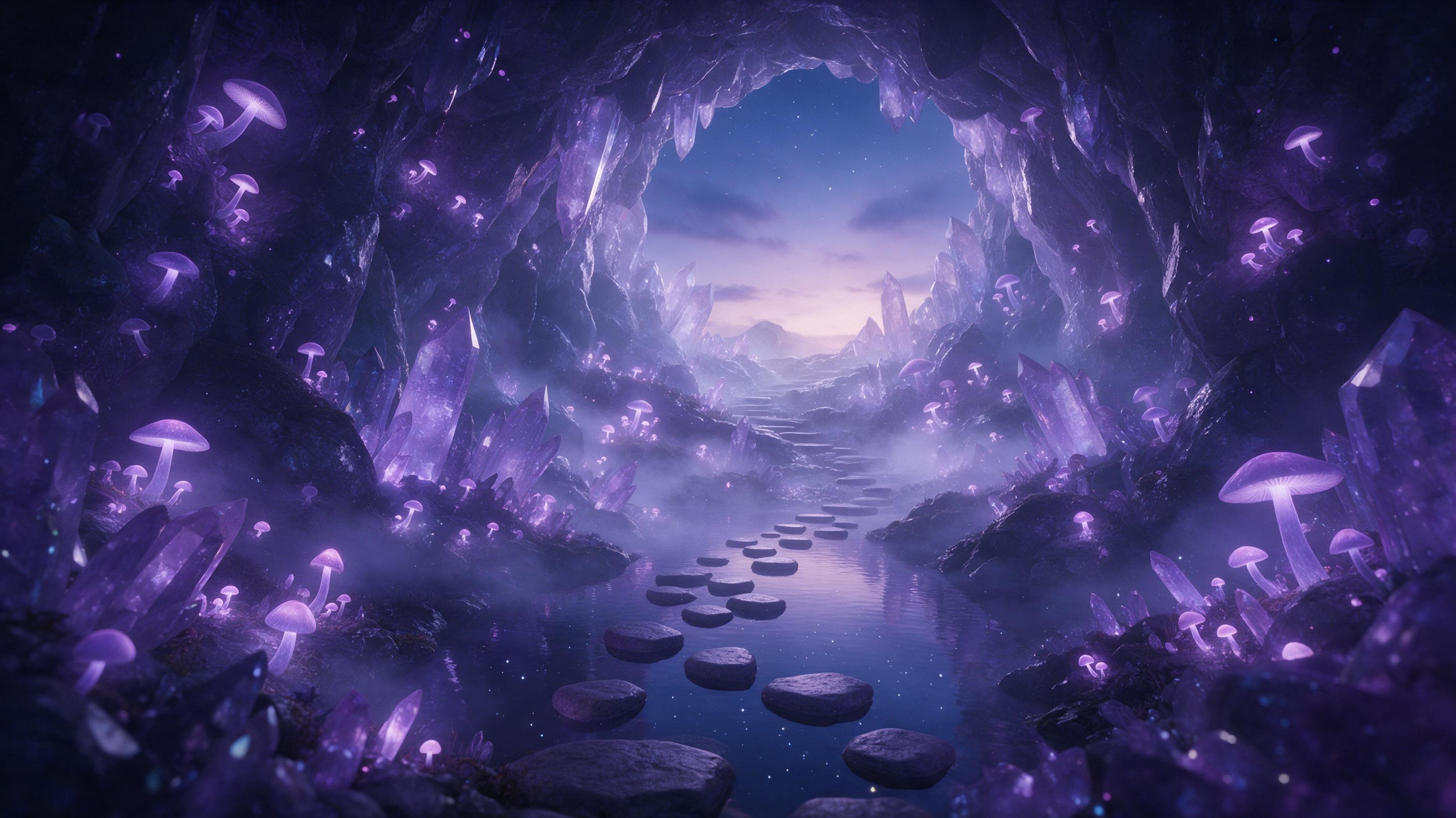 A luminous crystal cavern beneath a twilight sky, glowing mushrooms casting soft violet light, a winding path of floating stones over an underground river reflecting stars, ethereal mist, dreamlike atmosphere, wide-angle composition, soft diffused lighting.
