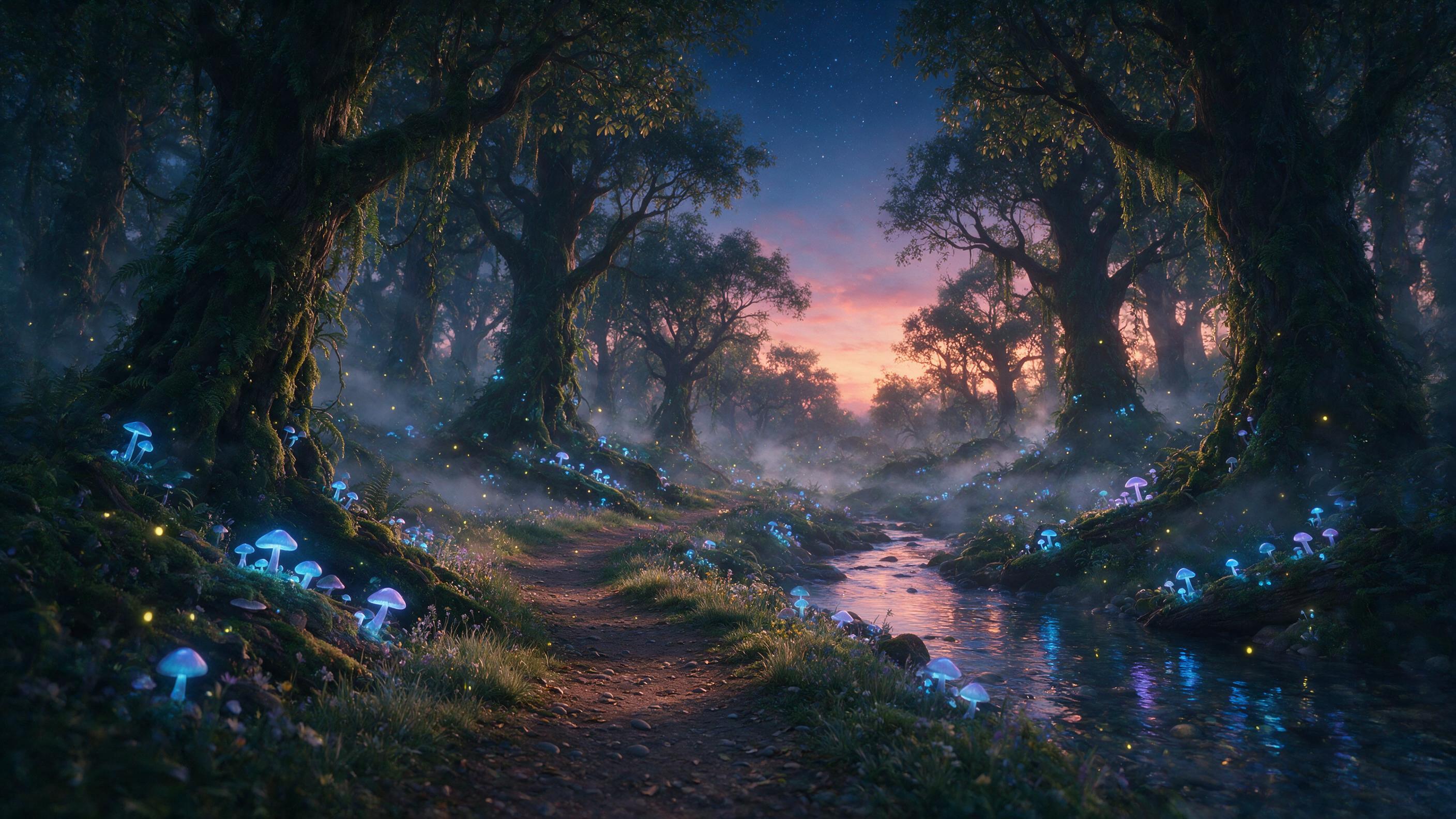 A mystical forest at twilight, bioluminescent mushrooms glowing in soft blue and purple hues, ancient moss-covered trees, a gentle stream reflecting the light, mist swirling low, composition with a winding path leading into the deep woods, warm fireflies dotting the scene, soft natural lighting with
