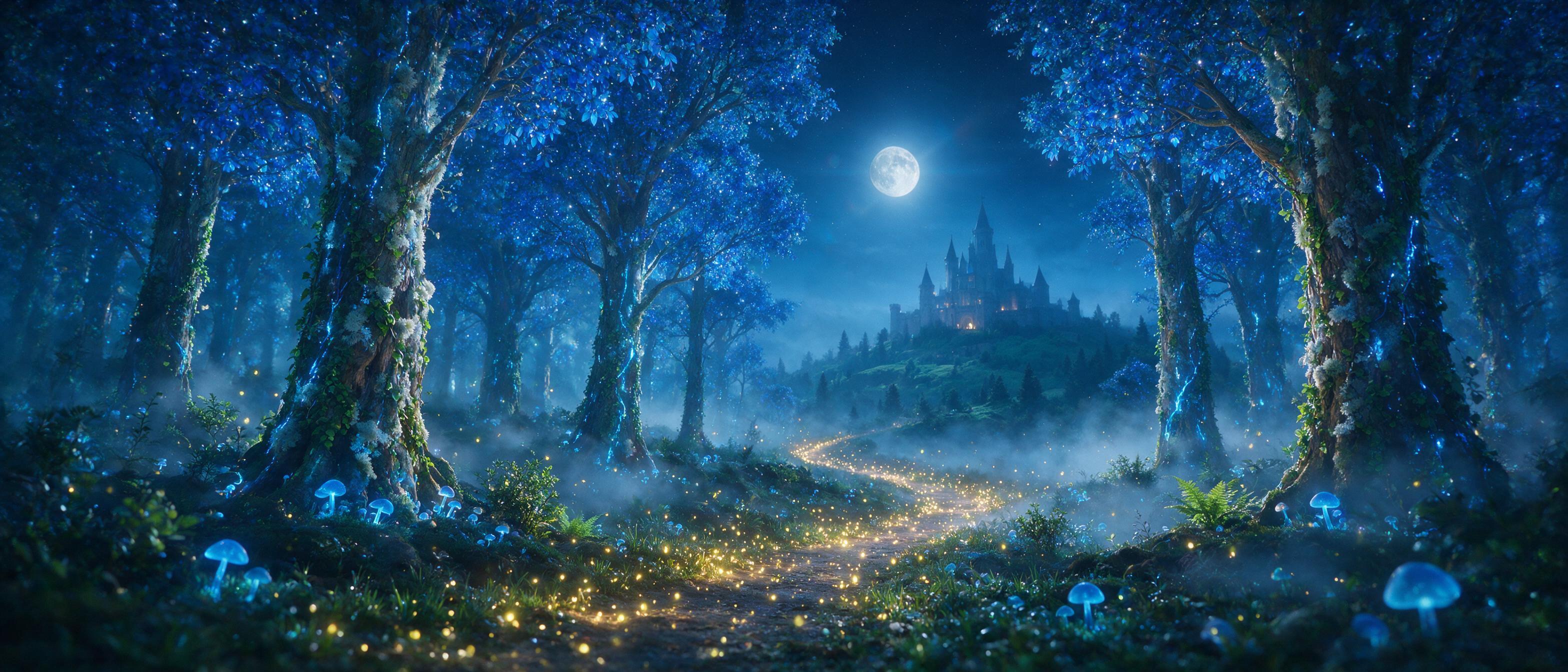 A moonlit enchanted forest with towering bioluminescent trees, glowing blue mushrooms, and a winding path of floating fireflies. Mist clings to the ground, soft ethereal light filters through canopy, distant castle silhouette on a hill. Cinematic composition, shallow depth of field, subtle lens flar