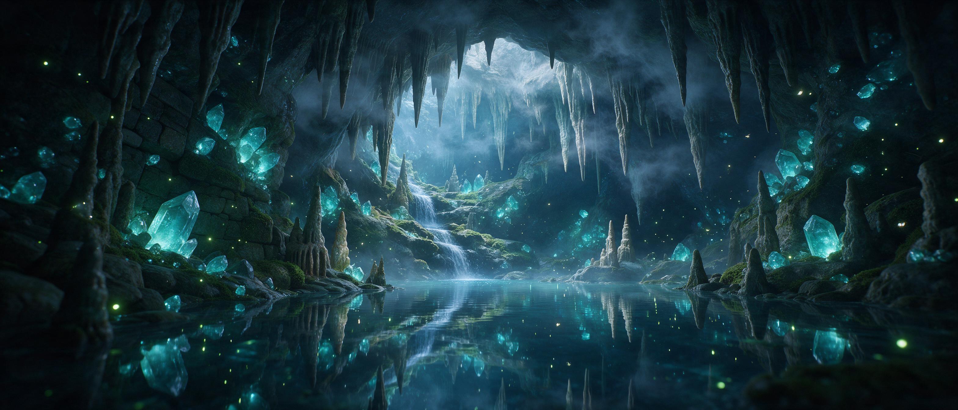 A hidden crystal cavern, glowing turquoise geodes embedded in mossy stone walls, a small waterfall spiraling down into a mirror pool, fireflies drifting through the air, soft blue and green bioluminescent light, mist weaving around stalactites, cinematic wide shot with exaggerated perspective, ether