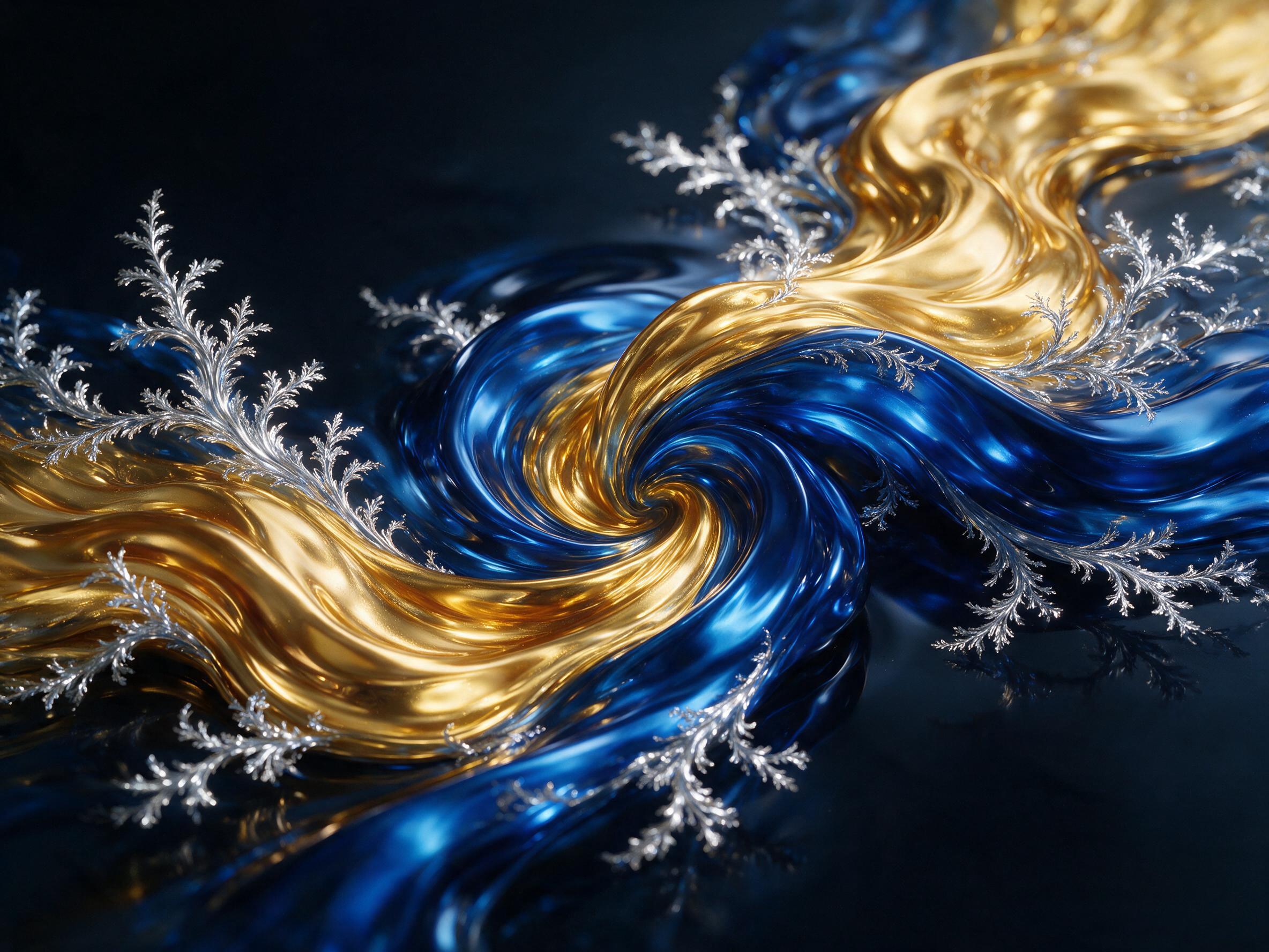 A swirling river of molten gold and deep sapphire blue liquid metal, flowing over a dark mirrored surface, with delicate silver branching fractals emerging from the flow, soft studio lighting reflecting off the curves, minimalist composition, high contrast, smooth gradients, no text