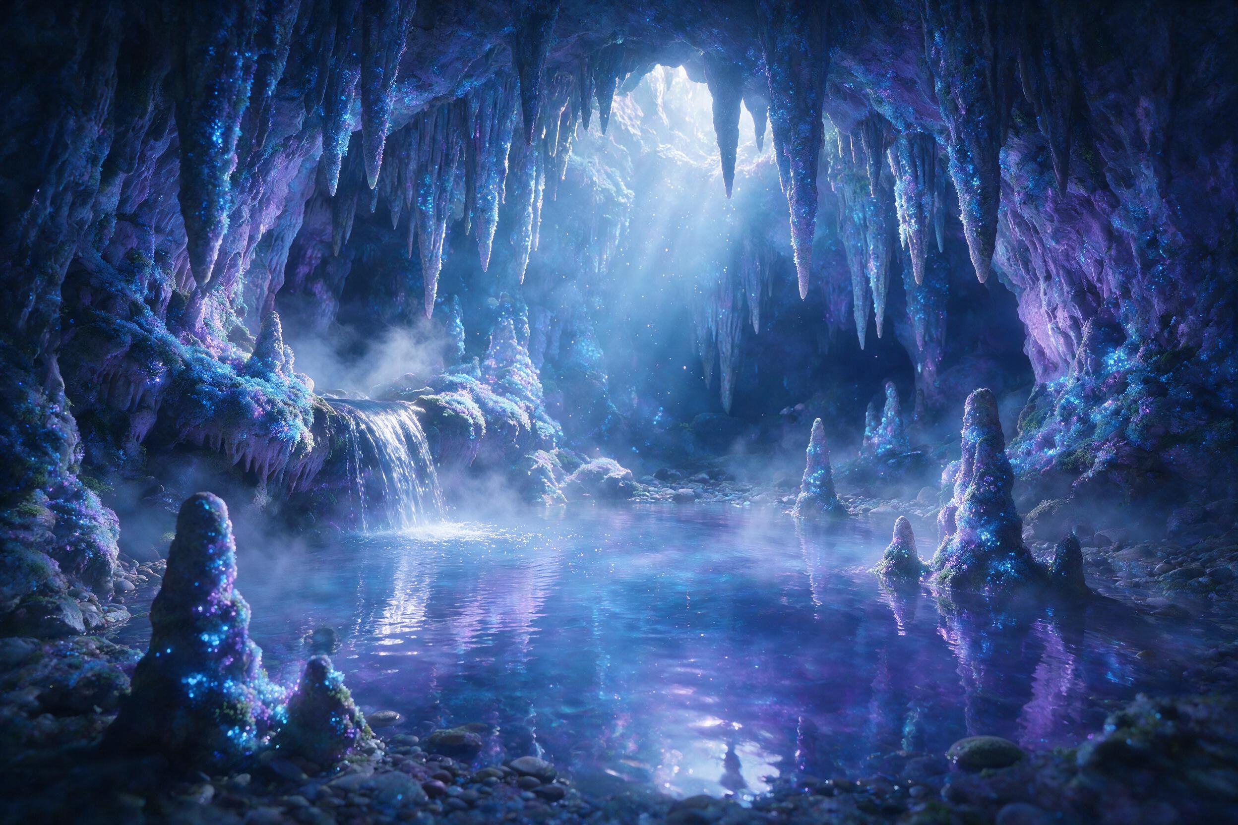 A luminous crystal cave deep underground, glowing blue and purple bioluminescent moss covering stalactites, a small waterfall cascading into a mirror-like pool, soft mist rising, ethereal light rays piercing through, dreamy atmosphere