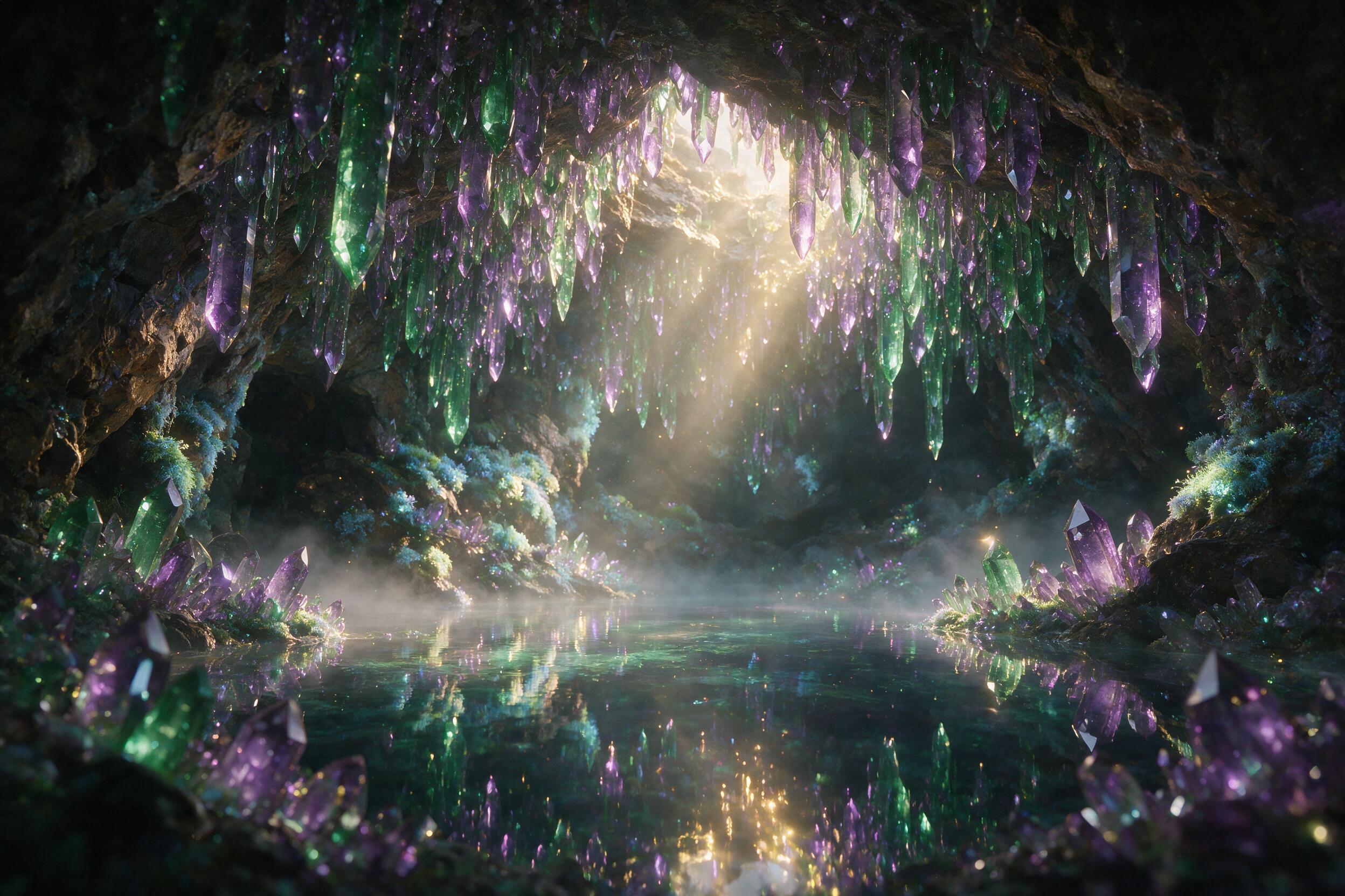 A luminous crystal cave at twilight, glowing amethyst and emerald stalactites reflecting in a still underground pool, soft bioluminescent moss clinging to rock walls, gentle mist rising, warm golden light filtering from above, shallow depth of field with foreground crystals in sharp focus, ethereal 