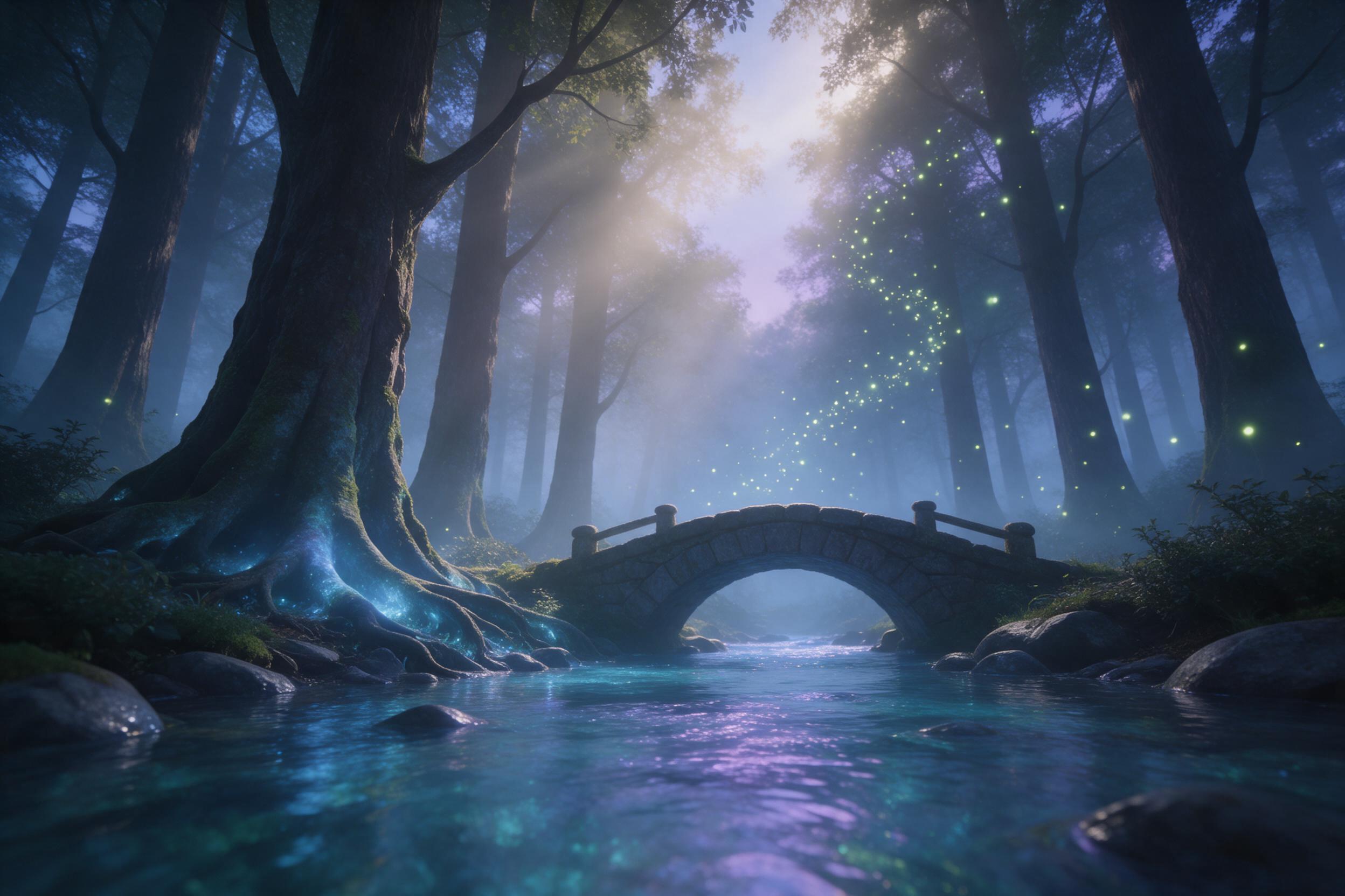 A misty bioluminescent forest at dusk, towering ancient trees with glowing blue roots, ethereal fireflies spiraling upward, a small stone bridge over a crystalline stream reflecting purple and teal light, soft volumetric god rays piercing the canopy, low angle composition, dreamy atmosphere