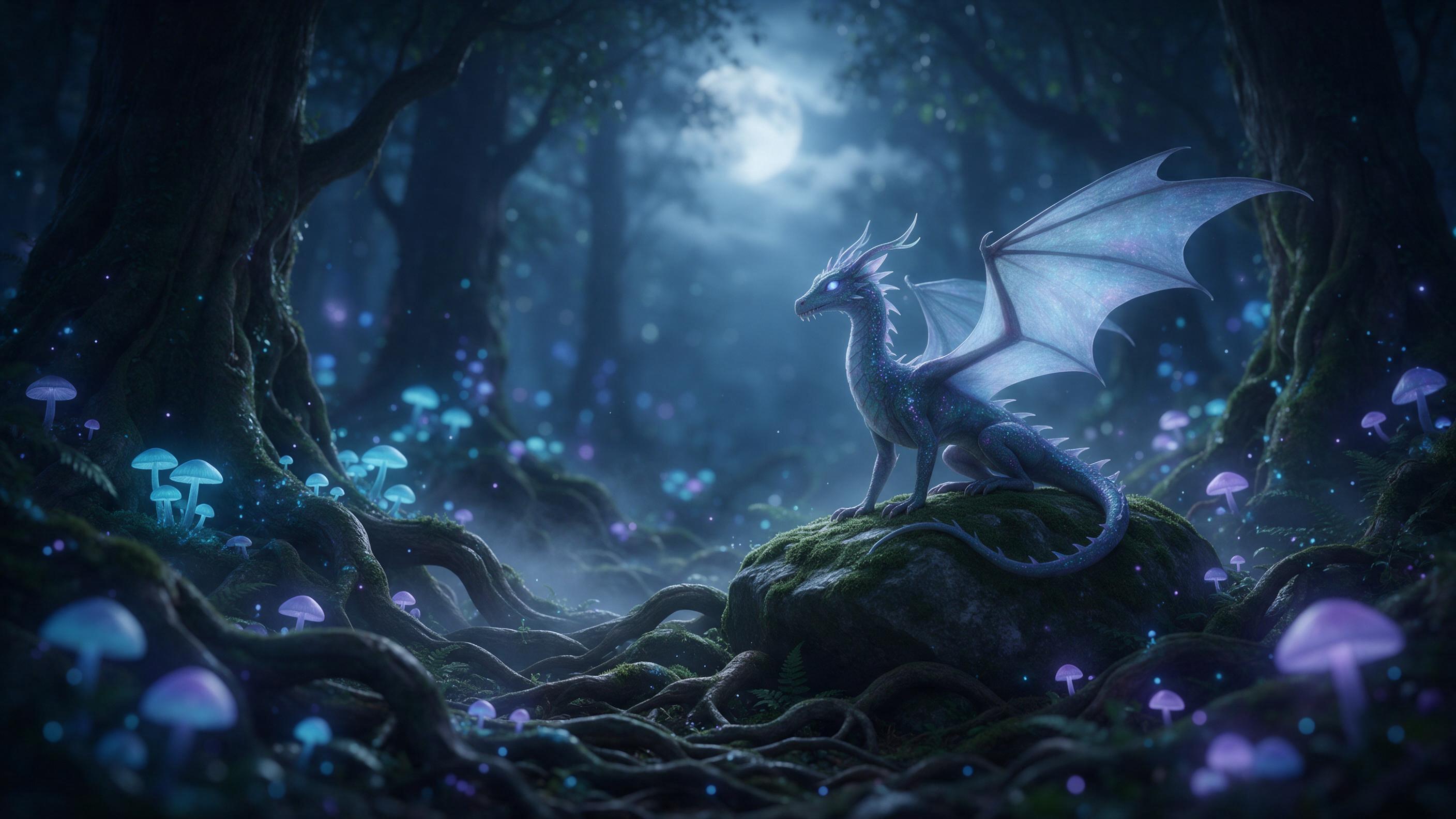 An ancient forest where bioluminescent mushrooms emit soft blue and violet light, a small dragon with translucent wings rests on a moss-covered stone, mist swirls between gnarled roots, moonlight filters through dense canopy, shallow depth of field, ethereal atmosphere