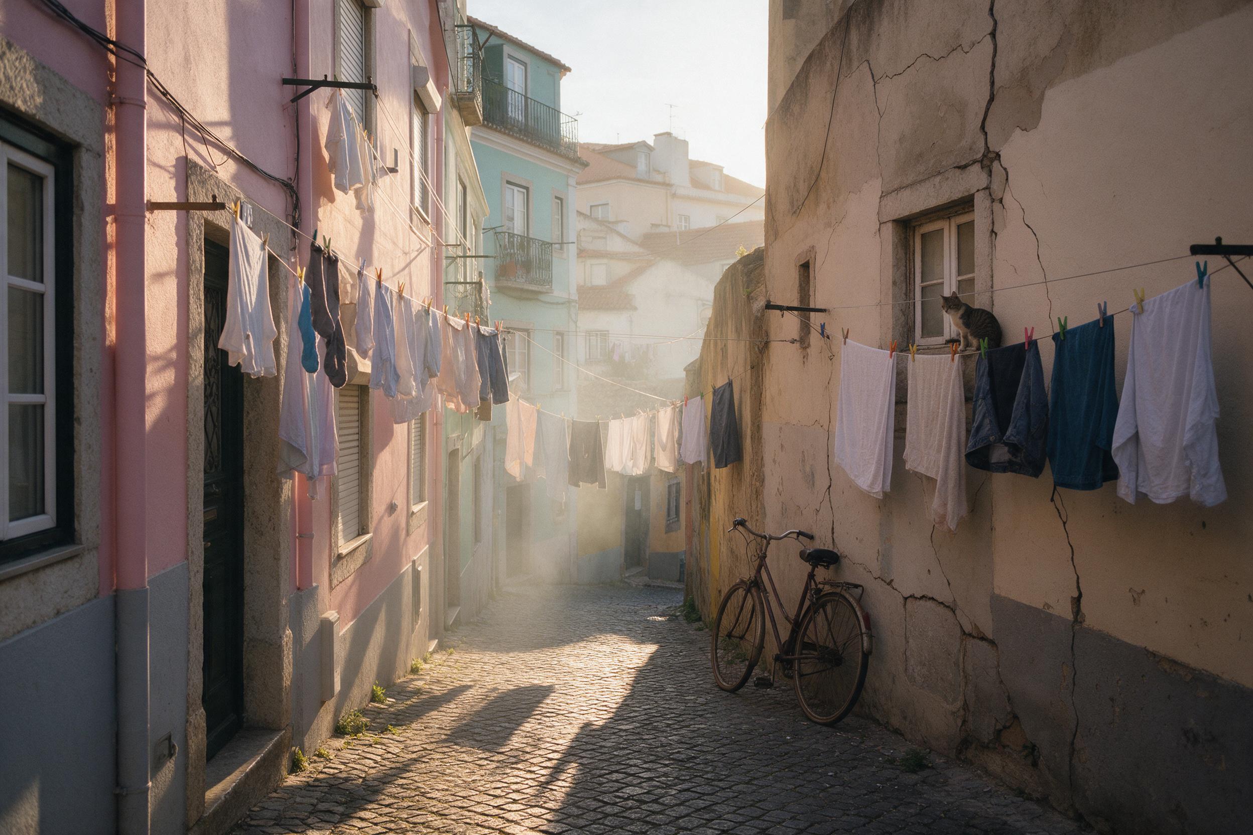 A narrow cobblestone alley in Lisbon at golden hour, laundry lines strung between pastel-colored buildings, a vintage bicycle leaning against a cracked wall, warm sunlight casting long shadows, a stray cat watching from a windowsill, soft haze in the air, natural candid feel, subtle film grain, slig