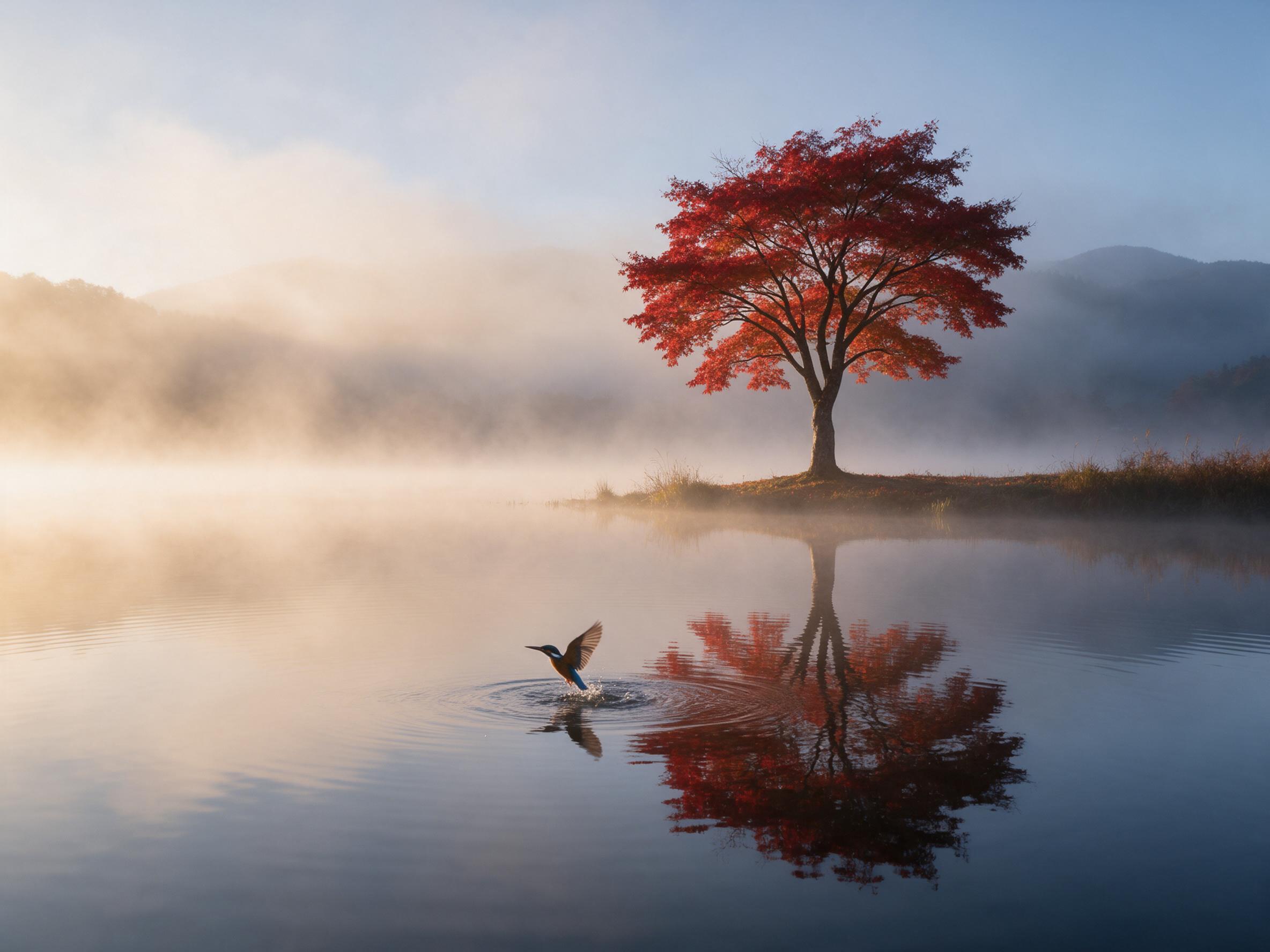 A lone maple tree with crimson leaves stands on a misty lakeshore at dawn, still water reflecting the fiery canopy, soft golden light filtering through low fog, distant mountains in cool blue haze, minimal composition with negative space, gentle ripples from a diving kingfisher, natural color palett