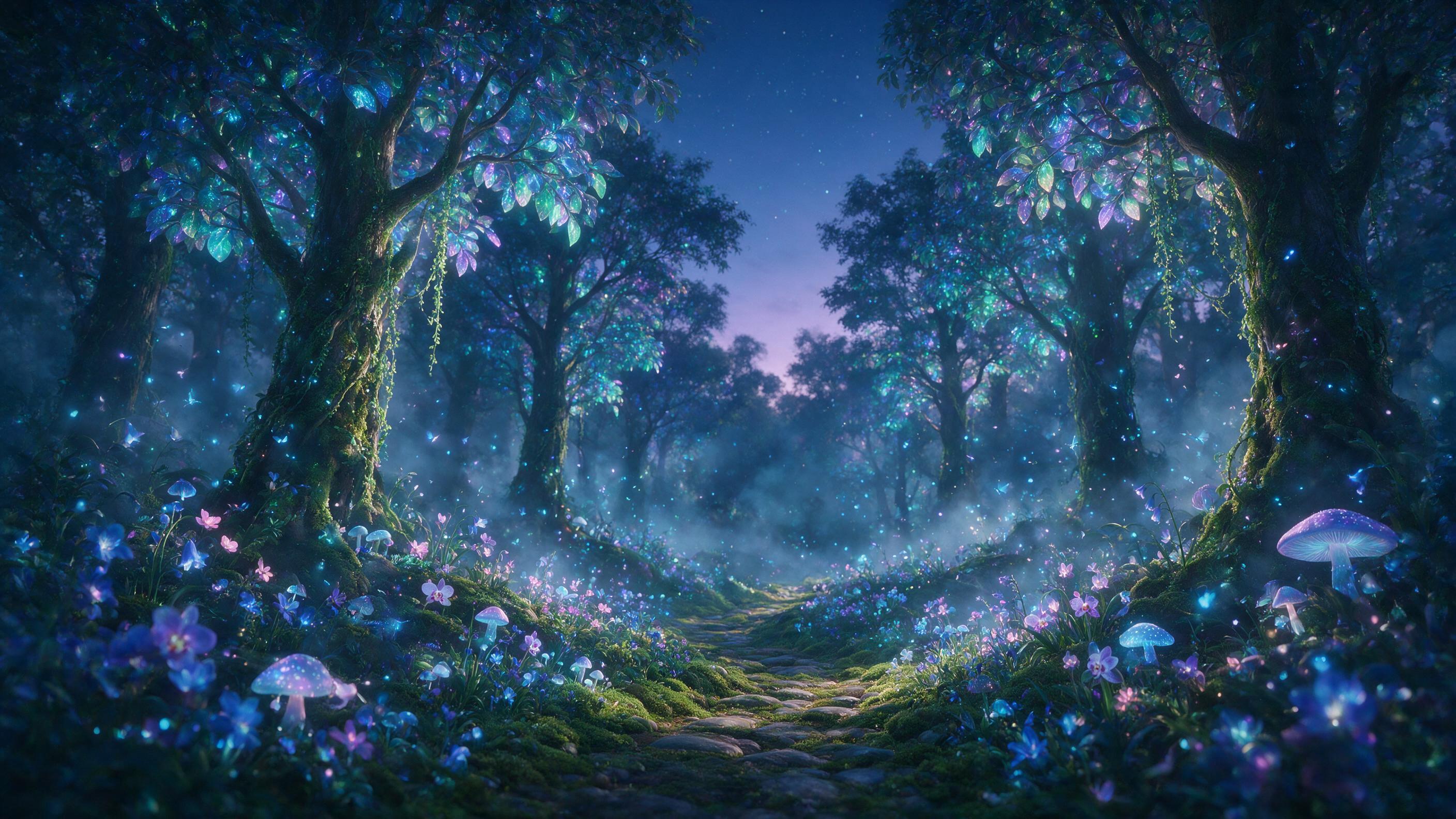 A glowing, bioluminescent enchanted forest at twilight, towering ancient trees with iridescent leaves, soft blue and purple fireflies dancing around a winding moss-covered path, a faint mist curling between roots, light rays filtering through the canopy, cinematic depth of field, ethereal atmosphere