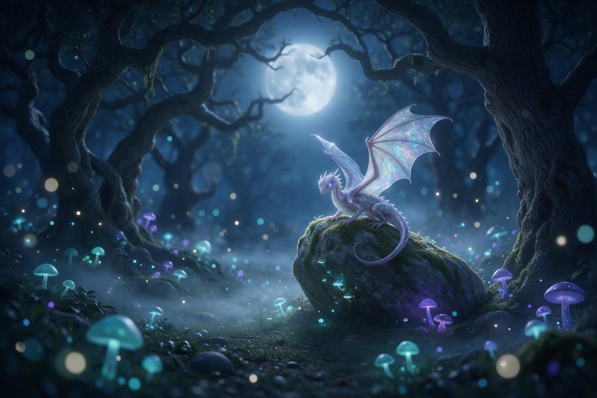 A moonlit enchanted forest clearing, bioluminescent mushrooms glowing in teal and violet, a small translucent dragon with iridescent wings perched on a mossy stone, soft mist weaving between ancient twisted oaks, cool blue ambient light, bokeh fireflies, shallow depth of field, tranquil dreamy atmos
