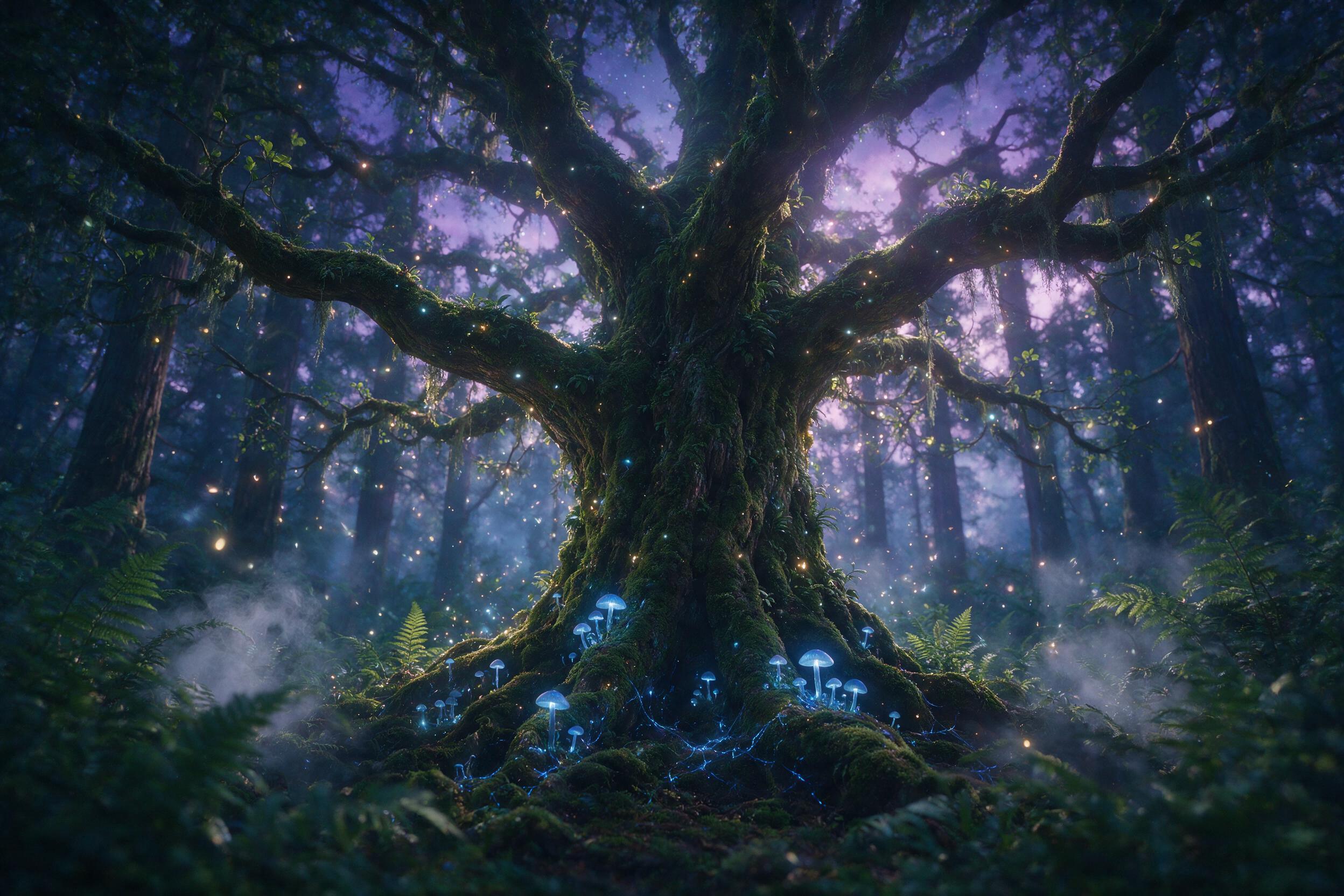 Enchanted forest at twilight, massive ancient tree with glowing blue mushrooms at its base, ethereal fairy lights floating between moss-covered branches, soft mist weaving through ferns, deep purple and emerald tones, shallow depth of field, cinematic lighting with subtle lens flare.