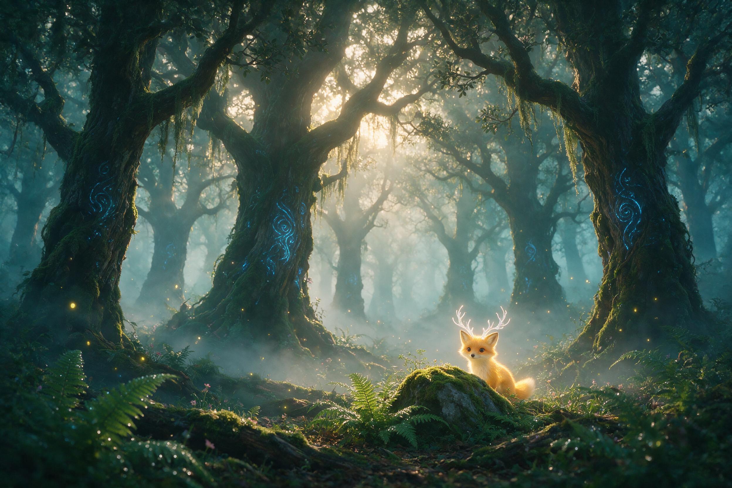 A misty forest at dawn, ancient gnarled trees with glowing blue runes etched into bark, a small luminous fox with ethereal antlers peering from behind a mossy rock, soft volumetric light filtering through fog, scattered fireflies, muted teal and gold palette, shallow depth of field