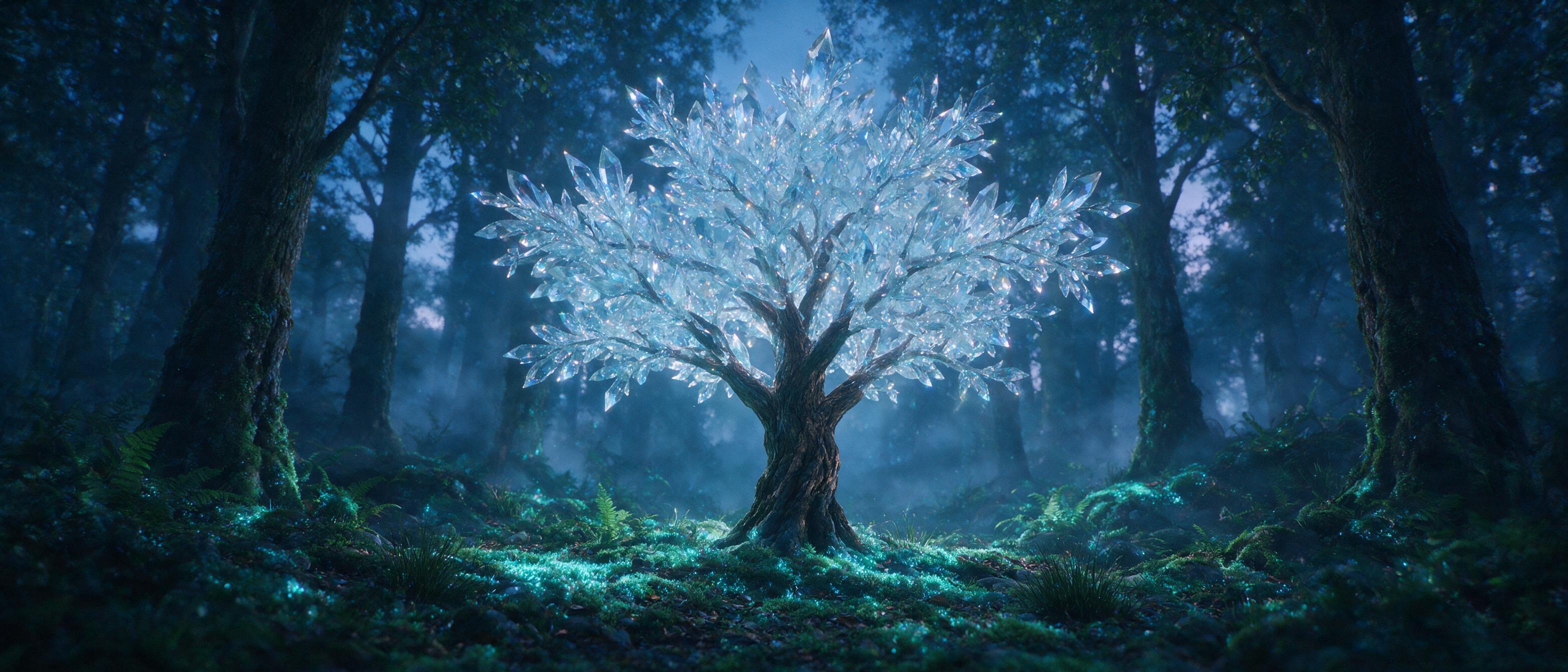 A glowing crystal tree in a misty forest at twilight, with bioluminescent moss and soft blue light filtering through leaves, cinematic composition, natural lighting, slight grain, no overexposure, no blur