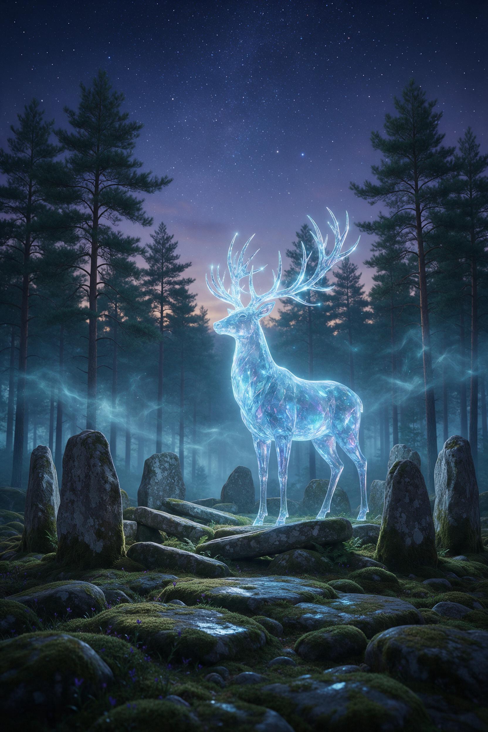 A glowing crystal stag with shimmering, translucent antlers stands on a mossy ancient stone circle under a star-filled twilight sky. Wisps of cyan magical mist drift between towering pine trees in the background. Soft surrounding glow from the stag illuminates the foreground moss, creating a mysteri