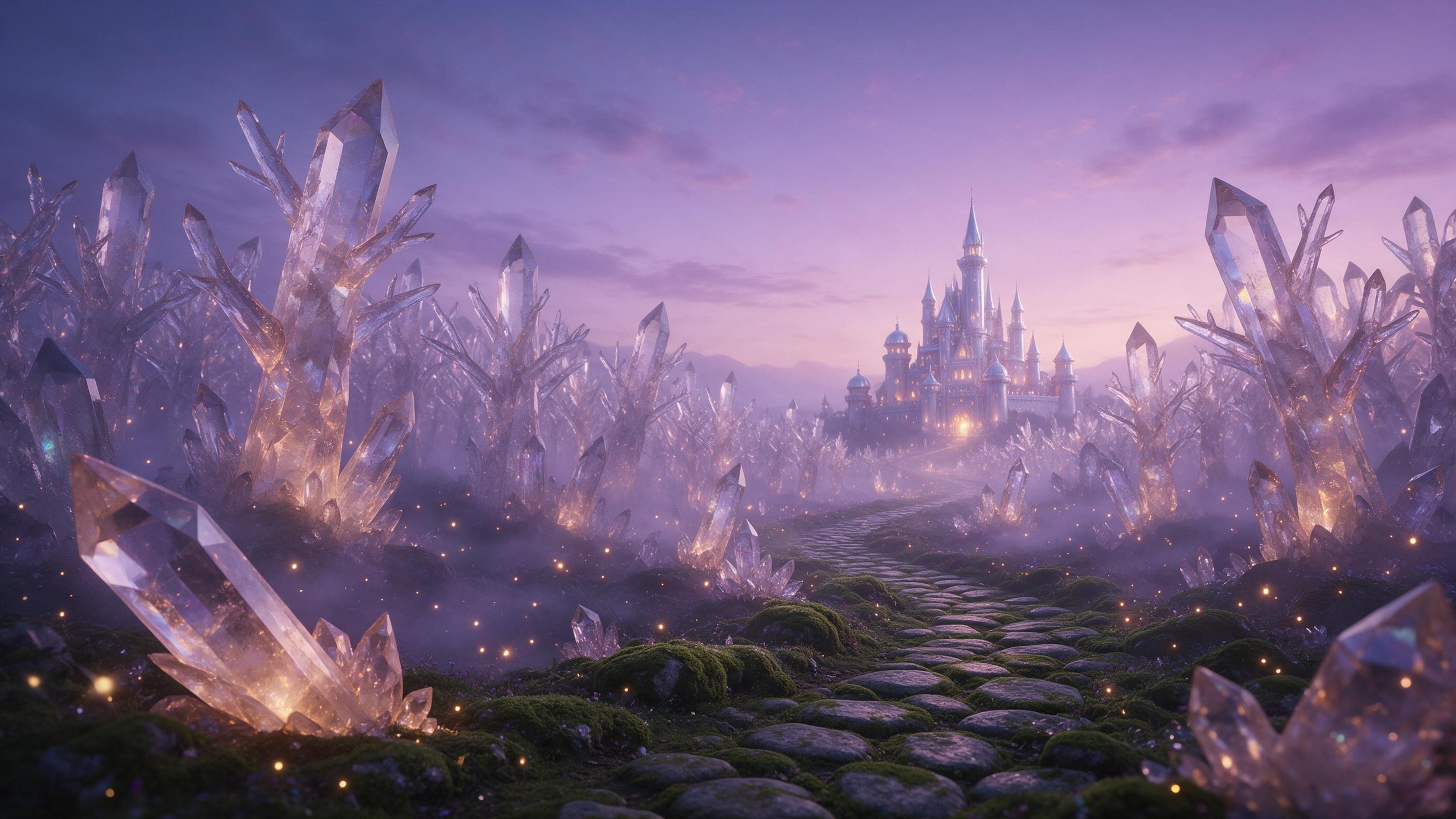 A luminous crystal forest under a lavender twilight sky, glowing quartz trees with intricate facet patterns, soft bioluminescent fireflies drifting through misty air, a winding path of mossy stones leading to a distant silver castle, cinematic wide-angle composition, warm amber light from a hidden l