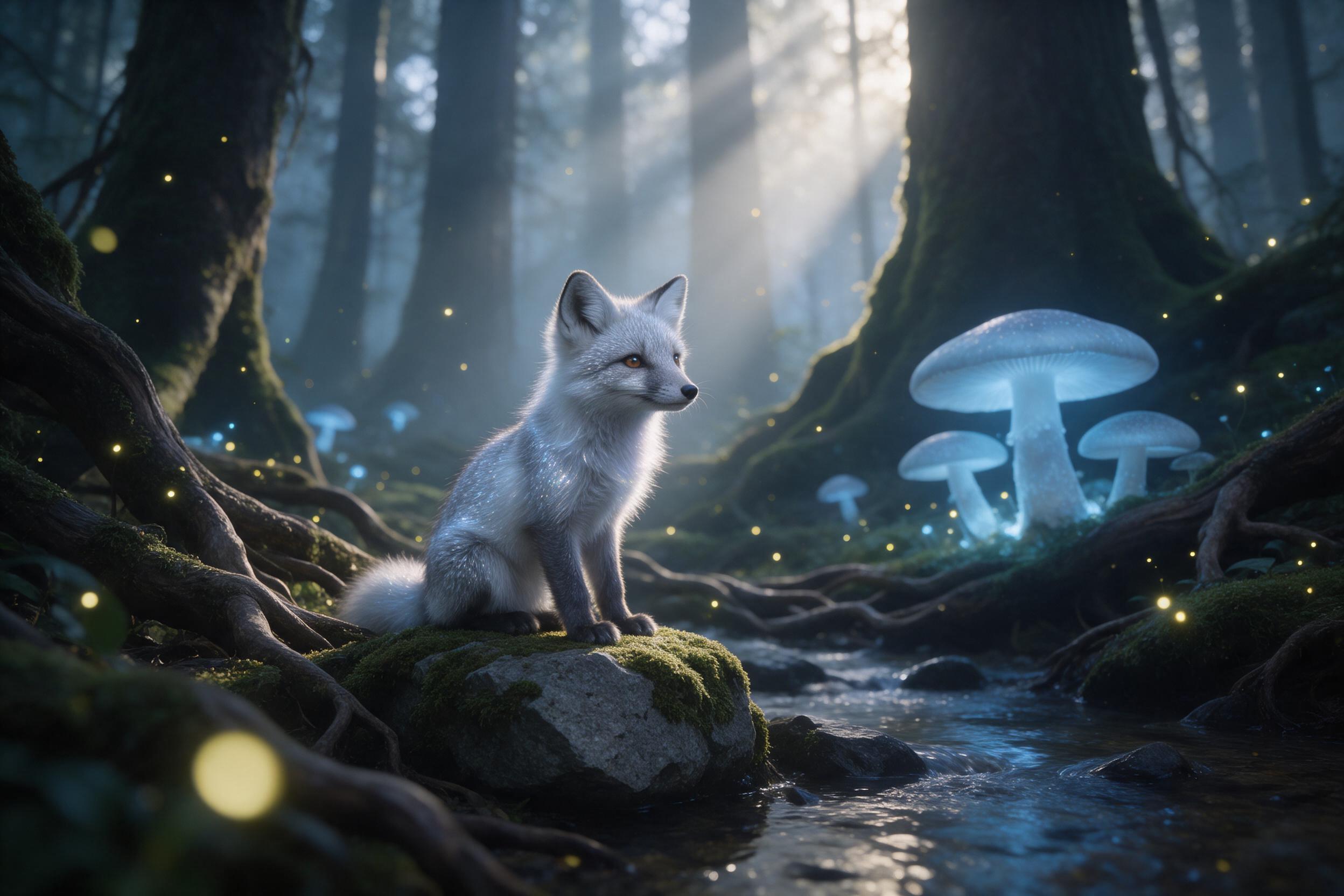 A misty ancient forest at dawn, giant glowing mushrooms casting soft blue light on winding roots, a tiny fox with shimmering silver fur sitting on a mossy stone, fireflies drifting, ethereal atmosphere, soft volumetric rays through canopy, shallow depth of field