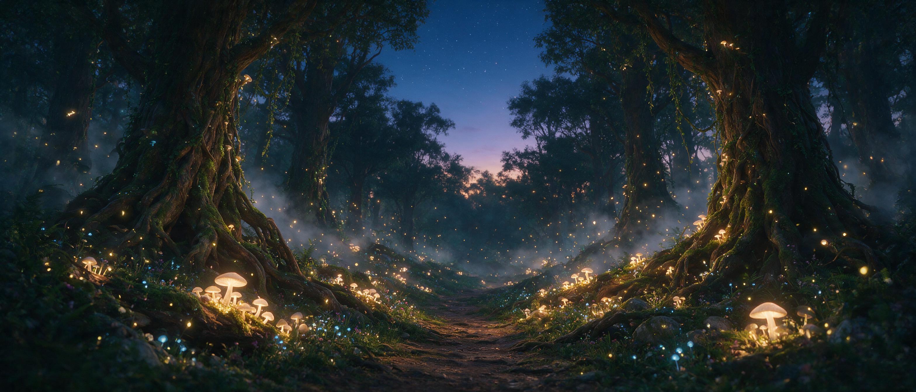 A magical forest at twilight, glowing mushrooms and floating fireflies illuminate a winding path, ancient trees with twisted roots, soft mist between trunks, warm golden light from the mushrooms contrasting with cool blue dusk sky, shallow depth of field, cinematic composition