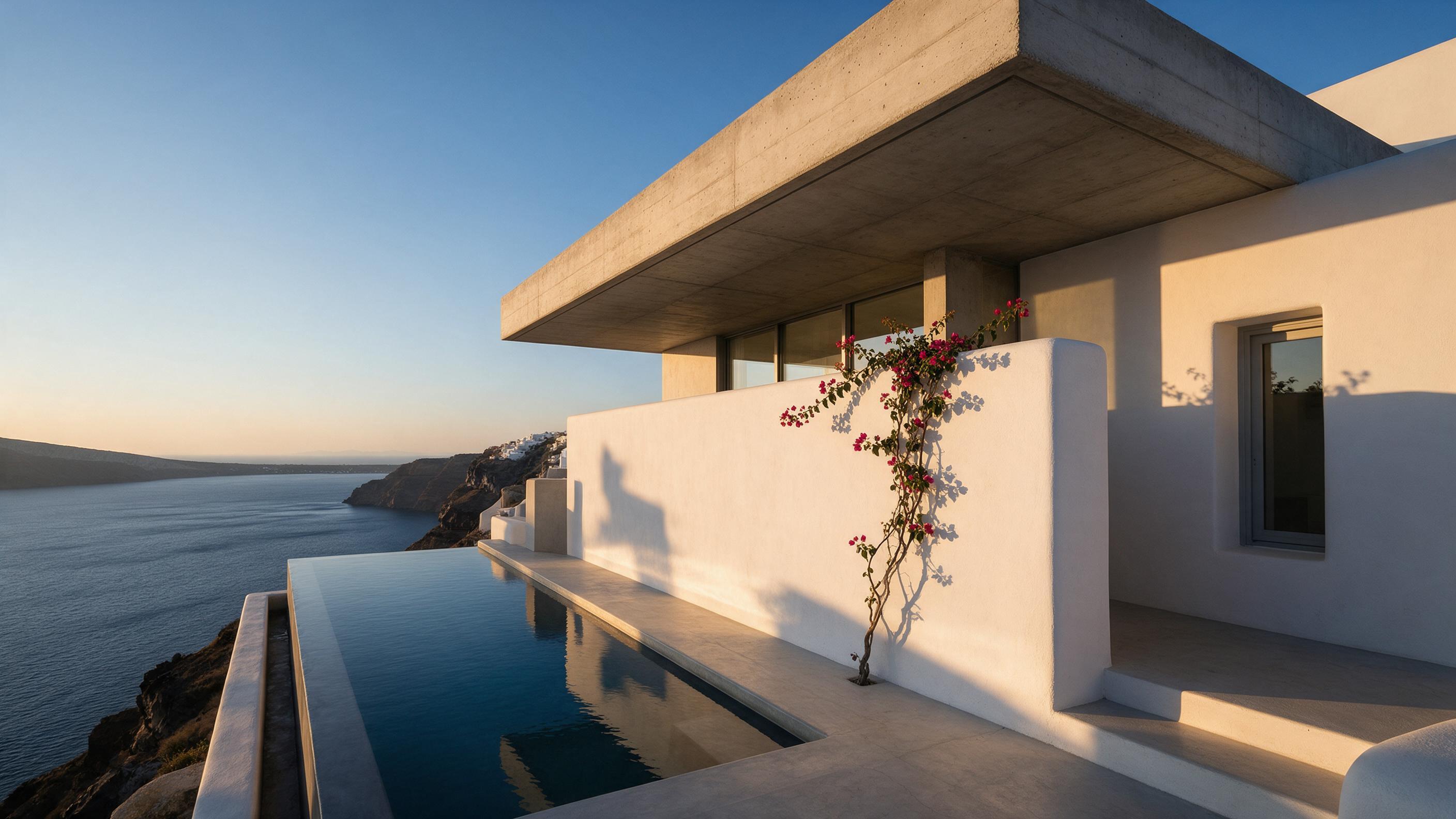 Golden hour sunlight casts long shadows across a minimalist concrete villa perched on a cliff edge in Santorini, Greece. A narrow infinity pool mirrors the deep blue Aegean Sea, with a lone bougainvillea vine draping over a whitewashed wall. Shot from a low angle, emphasizing geometric lines and tex