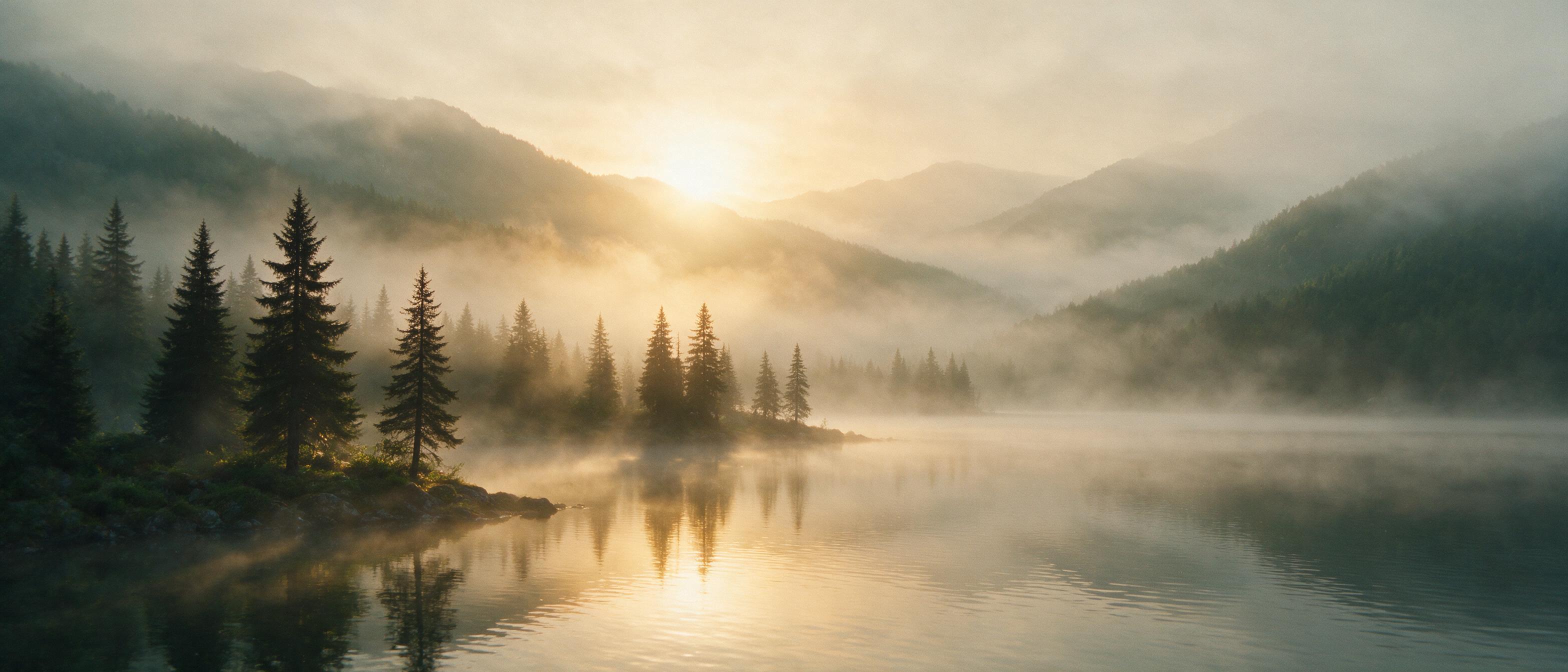 Morning fog rolling over a calm mountain lake, silhouetted pine trees on the shoreline, soft golden sunlight breaking through mist, gentle ripples reflecting the sky, tranquil atmosphere, wide-angle composition with layered mountain ridges fading into the distance, subtle grain for a cinematic feel