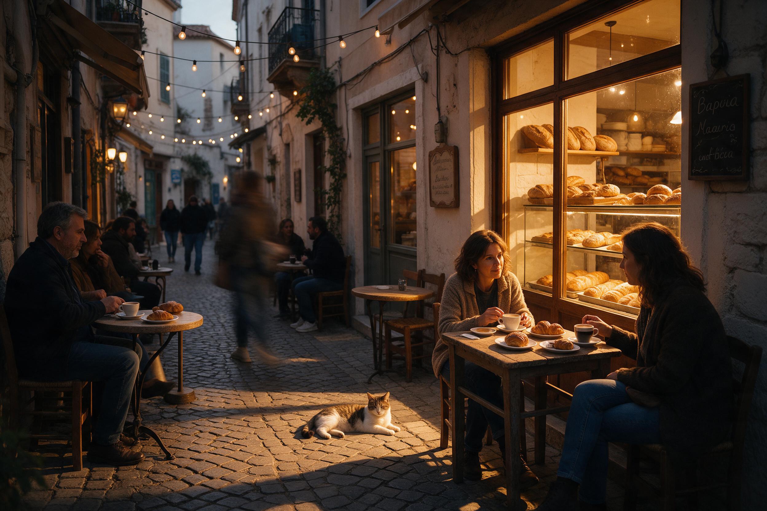 A cozy evening street scene in a Mediterranean town, warm golden light spilling from bakery windows onto cobblestone, patrons sit at rustic tables with espresso and pastries, a cat lounges nearby, soft shadows and string lights overhead, captured with a 35mm lens, natural color palette, slight motio