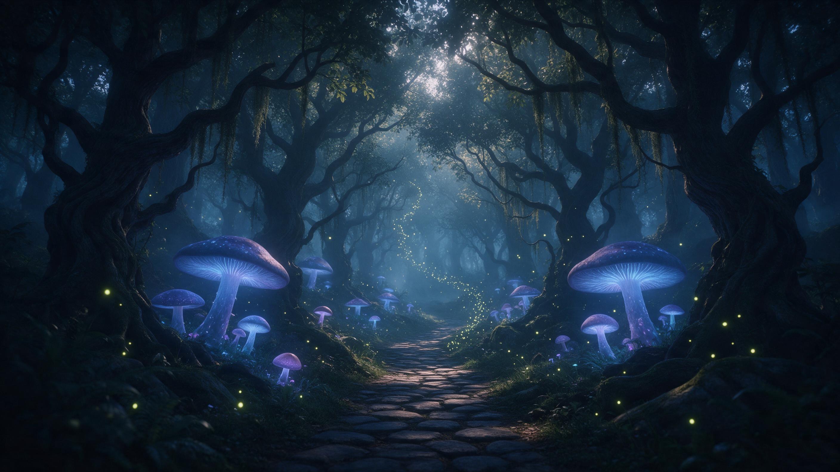 A misty ancient forest at twilight, giant bioluminescent mushrooms casting soft blue and purple glow on winding stone path, ethereal fireflies spiraling upward, twisted gnarled trees with hanging moss, dappled light through thick canopy, tranquil and mysterious atmosphere, cinematic composition with
