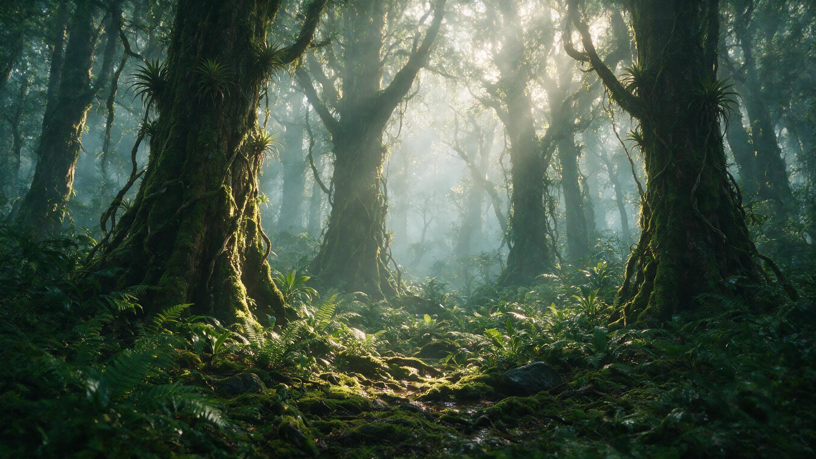 Misty morning in a dense temperate rainforest, dappled sunlight filtering through towering ancient trees, damp mossy ground, ferns, soft golden light, shallow depth of field, natural color palette, slight haze, peaceful atmosphere, no people.