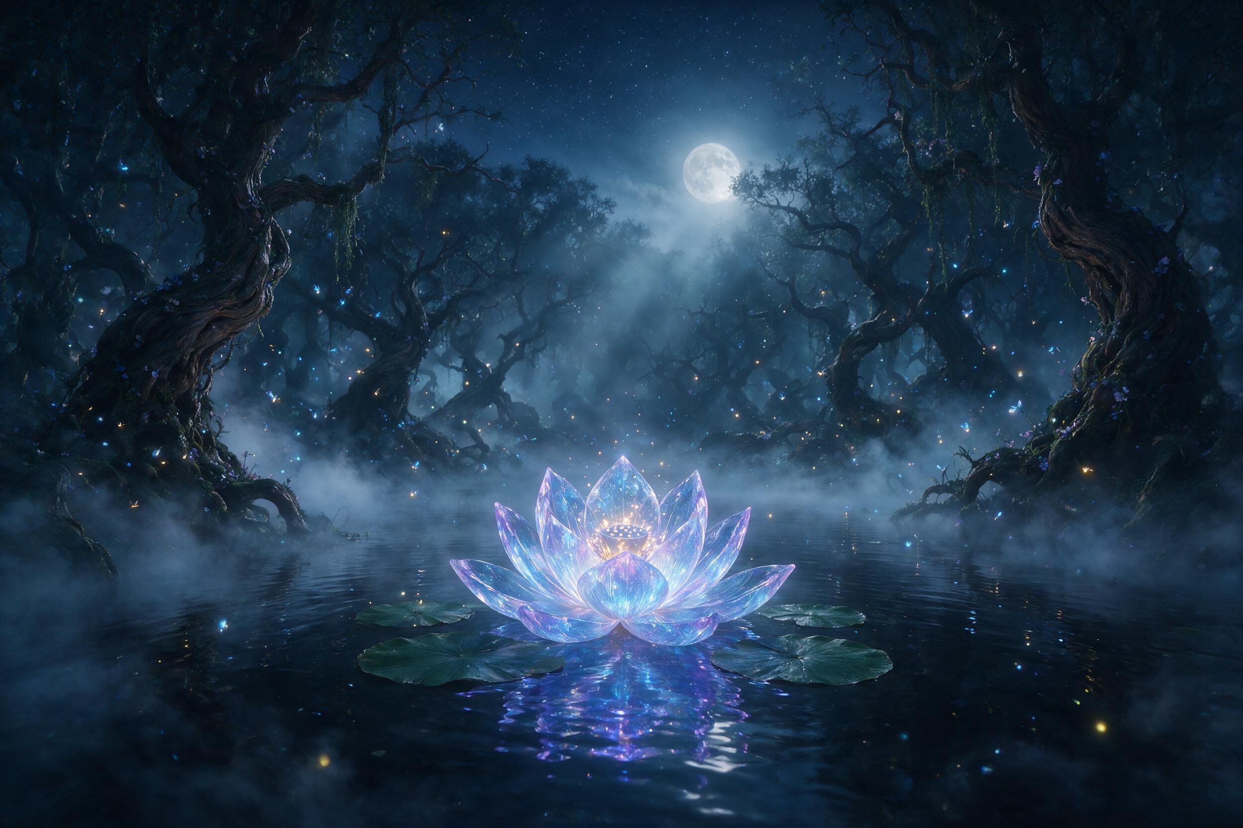A glowing crystal lotus floating above a misty black lake, surrounded by bioluminescent fireflies and twisted ancient trees, soft moonlight rays piercing through fog, ethereal blue and violet hues, wide-angle composition