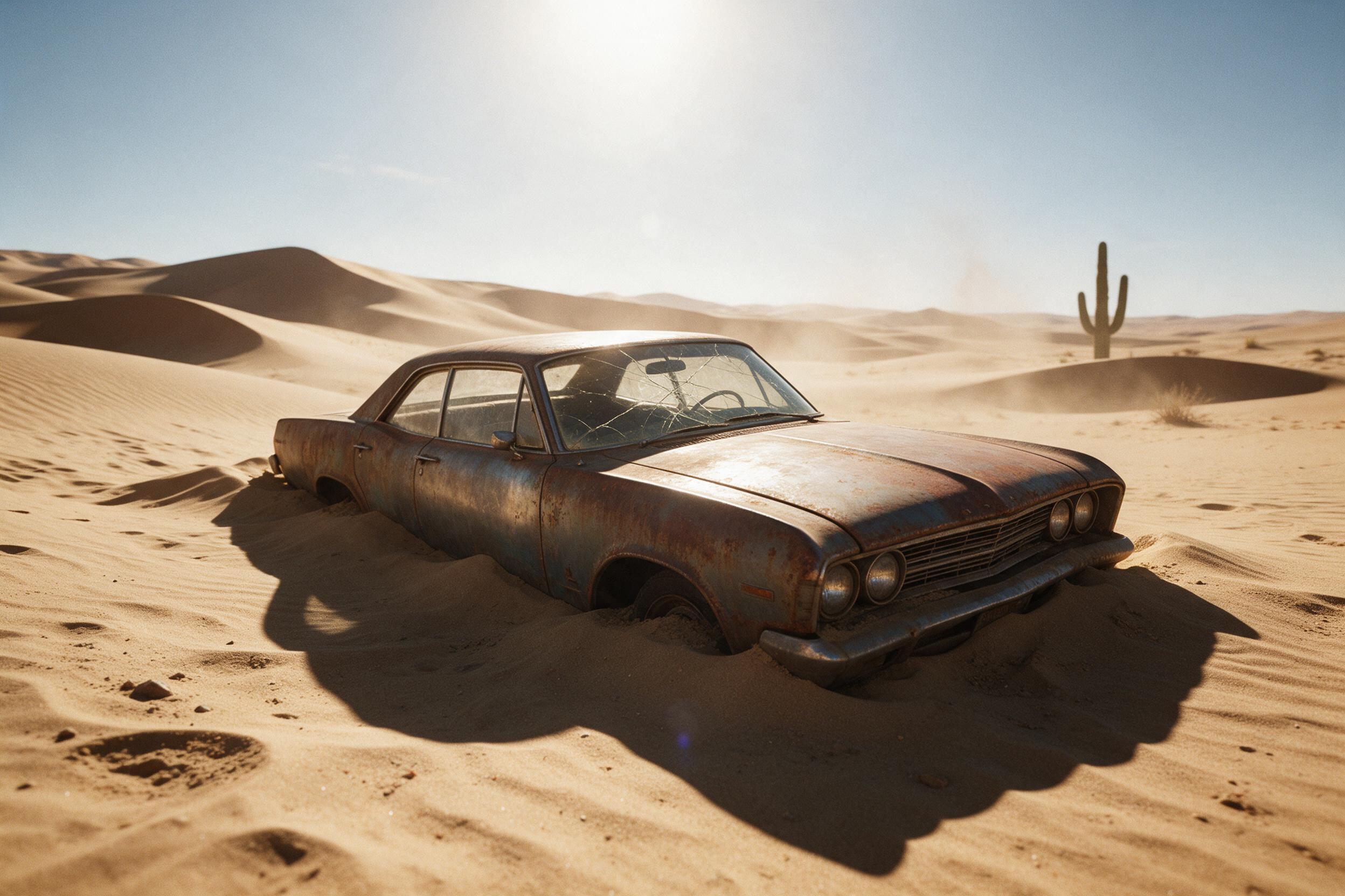 A rusted vintage car half-buried in desert sand, under harsh midday sun, with cracked windshield and patina, heat shimmer distorting horizon, a lone cactus in background, dramatic shadows from dunes, slightly grainy film aesthetic, hyperrealistic environmental texture